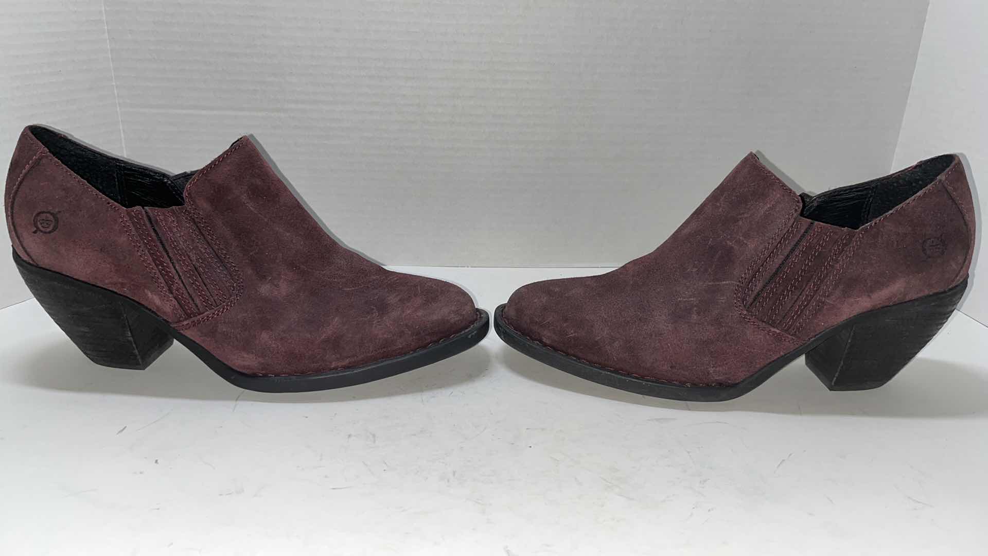 Photo 1 of BORN FREDRIKA ANKLE BOOTIE, PLUM SUEDE (WOMENS SIZE 8.5)