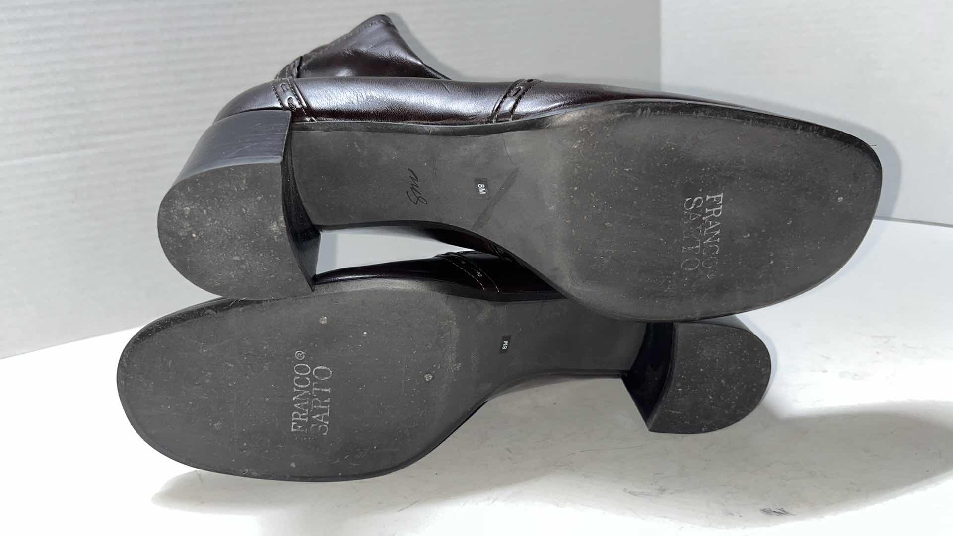 Photo 1 of FRANKO SARTO VEGAN LEATHER BACK ZIP ANKLE BOOT, DARK BROWN (WOMENS SIZE 8)