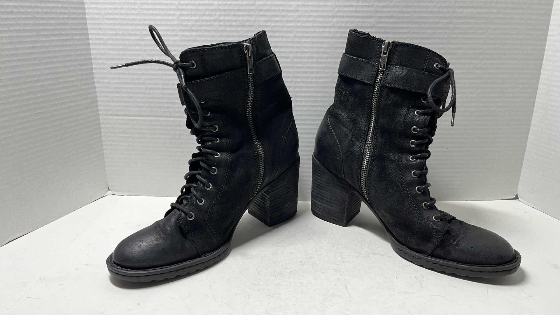 Photo 1 of BORN CASS LACE-UP SIDE-ZIP BLOCK HEEL COMBAT BOOT, BLACK SUEDE (WOMENS SIDE 8.5)