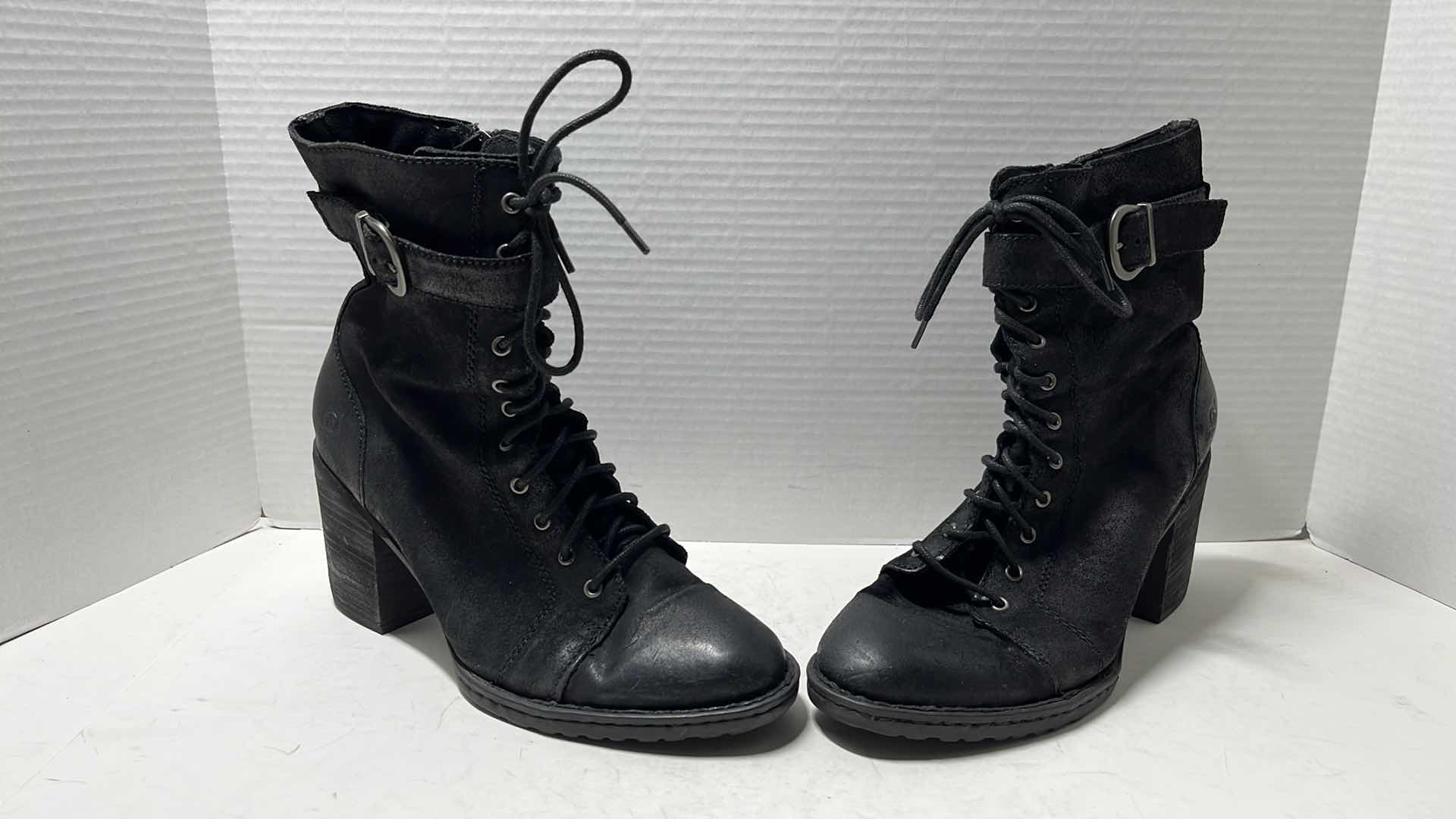 Photo 1 of BORN CASS LACE-UP SIDE-ZIP BLOCK HEEL COMBAT BOOT, BLACK SUEDE (WOMENS SIDE 8.5)