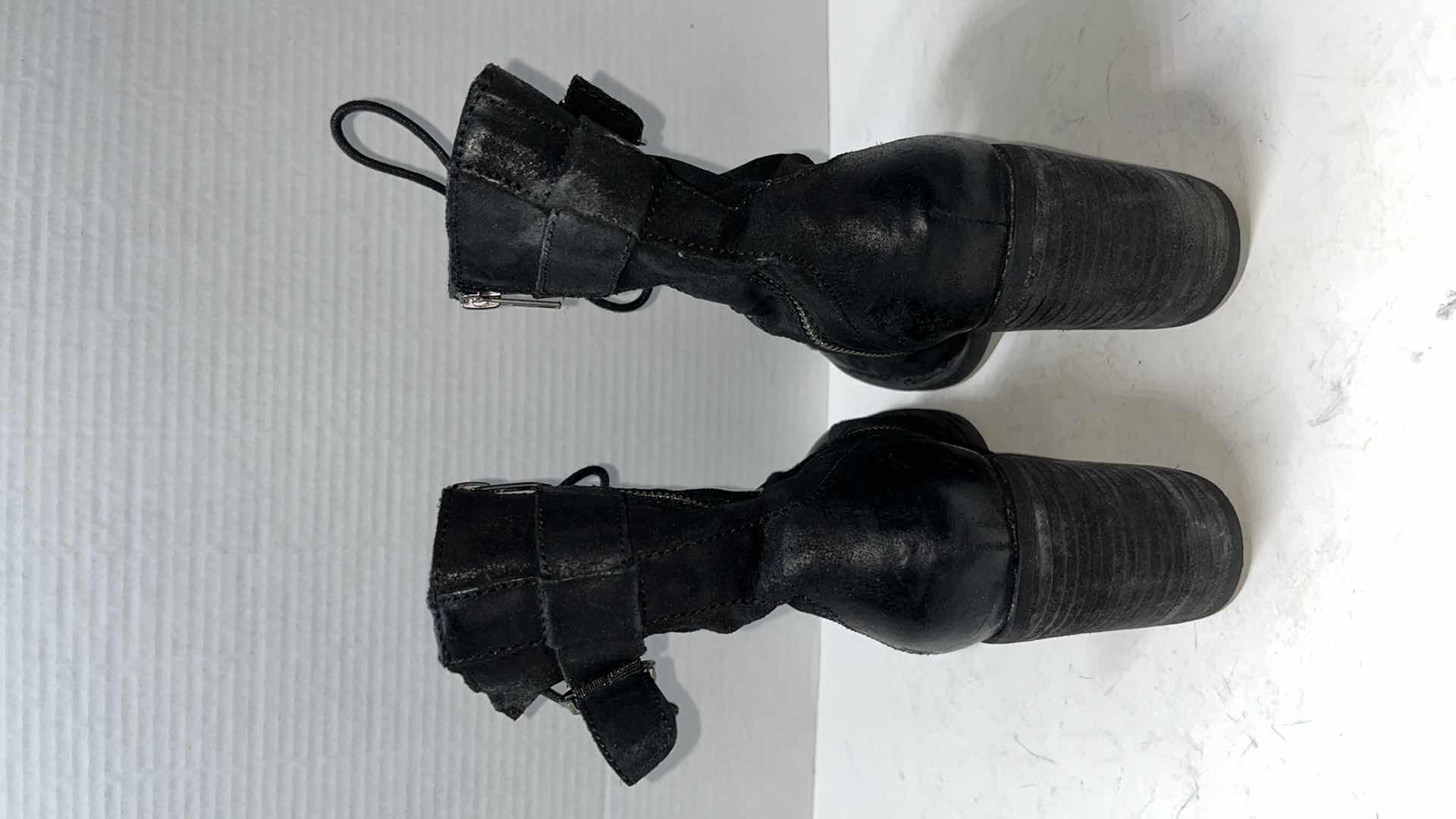 Photo 1 of BORN CASS LACE-UP SIDE-ZIP BLOCK HEEL COMBAT BOOT, BLACK SUEDE (WOMENS SIDE 8.5)