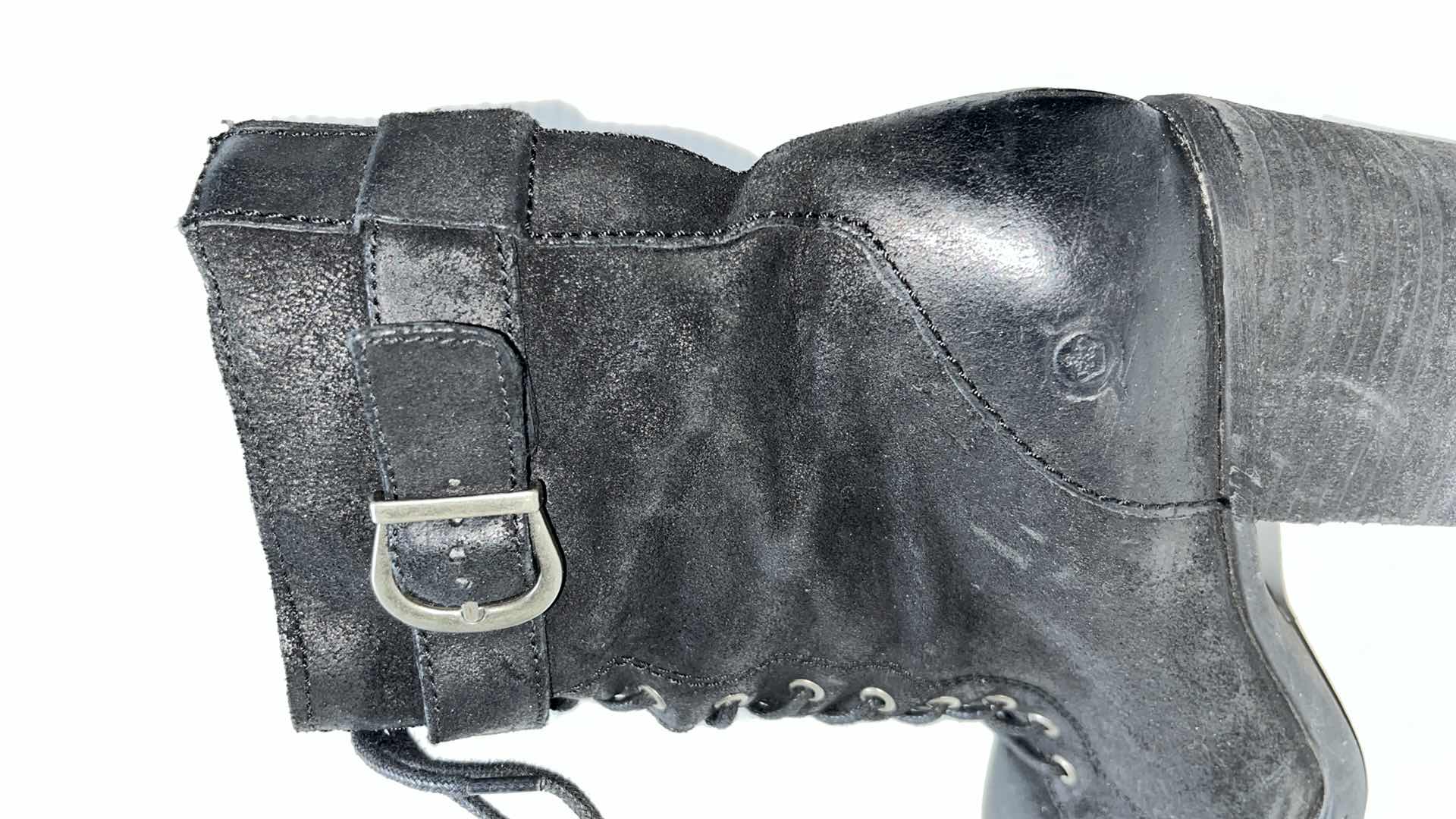 Photo 1 of BORN CASS LACE-UP SIDE-ZIP BLOCK HEEL COMBAT BOOT, BLACK SUEDE (WOMENS SIDE 8.5)