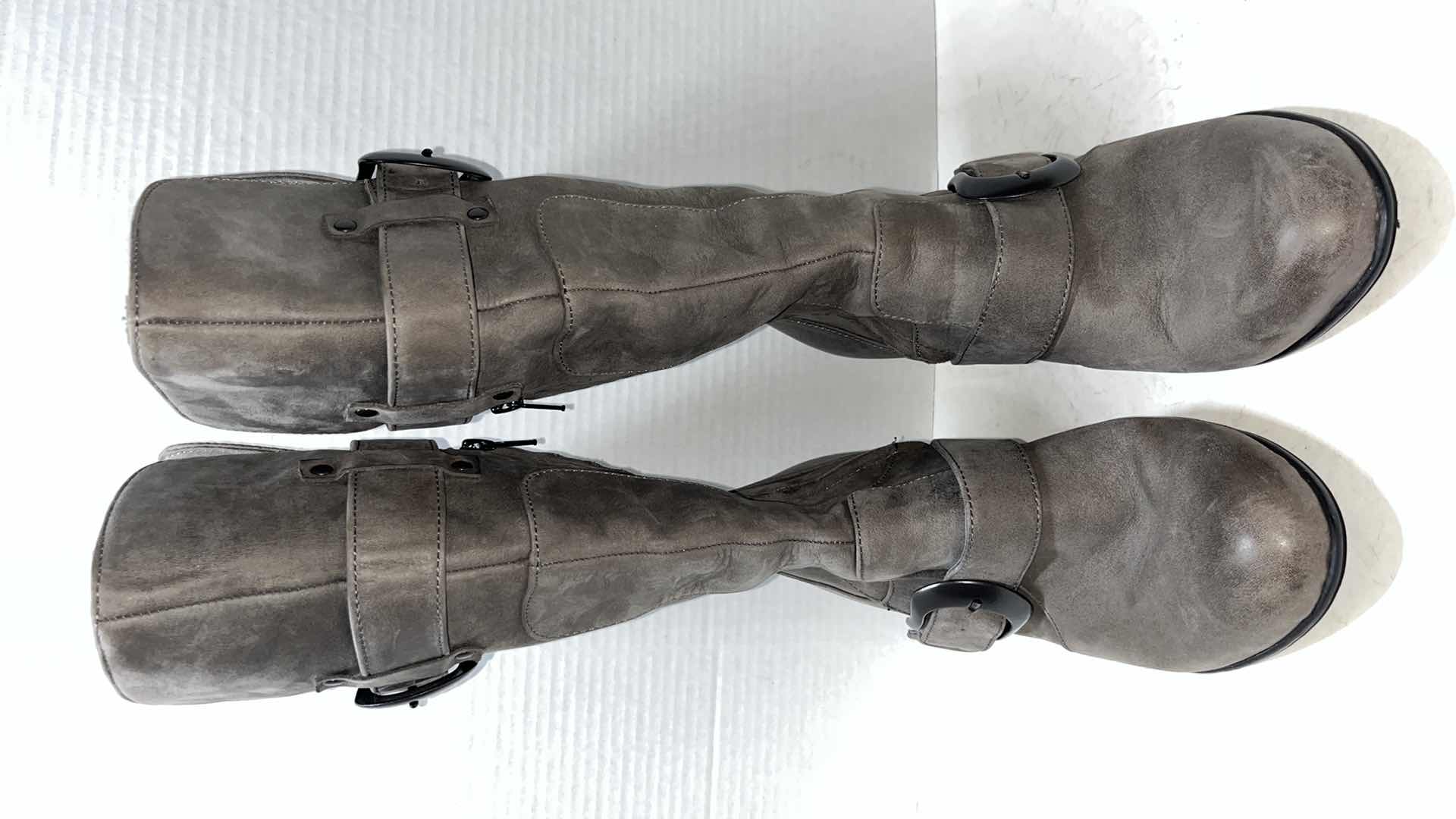 Photo 1 of BORN CROWN YOLANDA LEATHER MID CALF, ZIP UP HEELED BOOT, GREY (WOMENS SIZE 9)