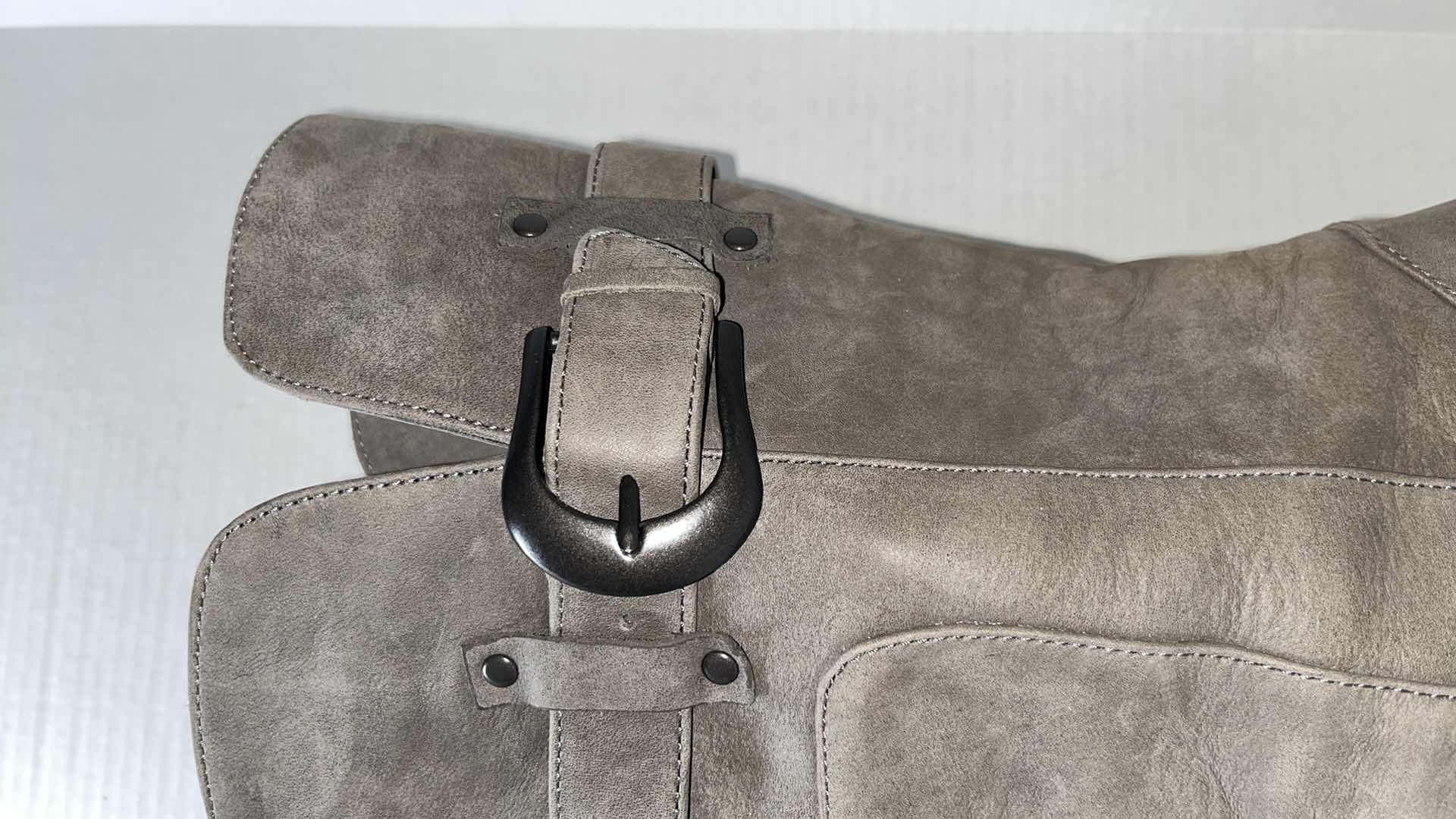Photo 1 of BORN CROWN YOLANDA LEATHER MID CALF, ZIP UP HEELED BOOT, GREY (WOMENS SIZE 9)