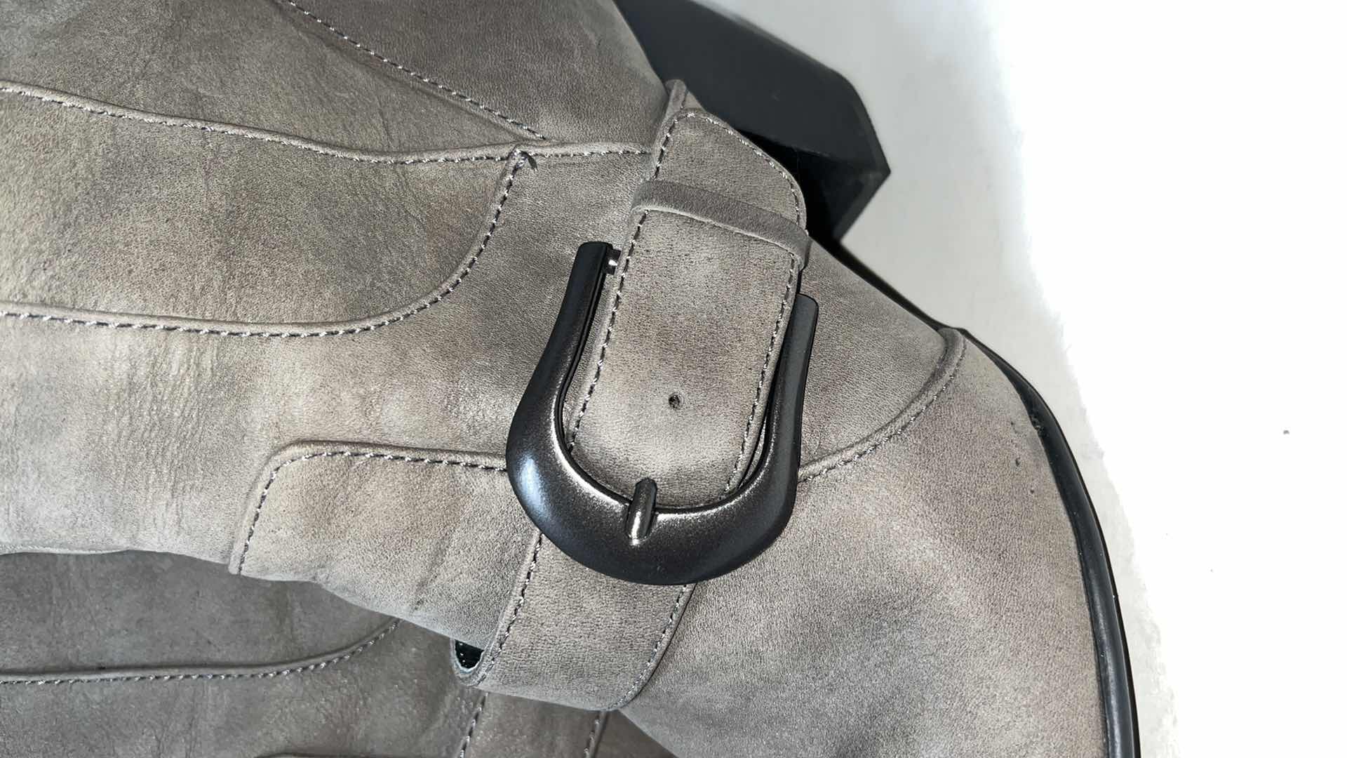 Photo 1 of BORN CROWN YOLANDA LEATHER MID CALF, ZIP UP HEELED BOOT, GREY (WOMENS SIZE 9)