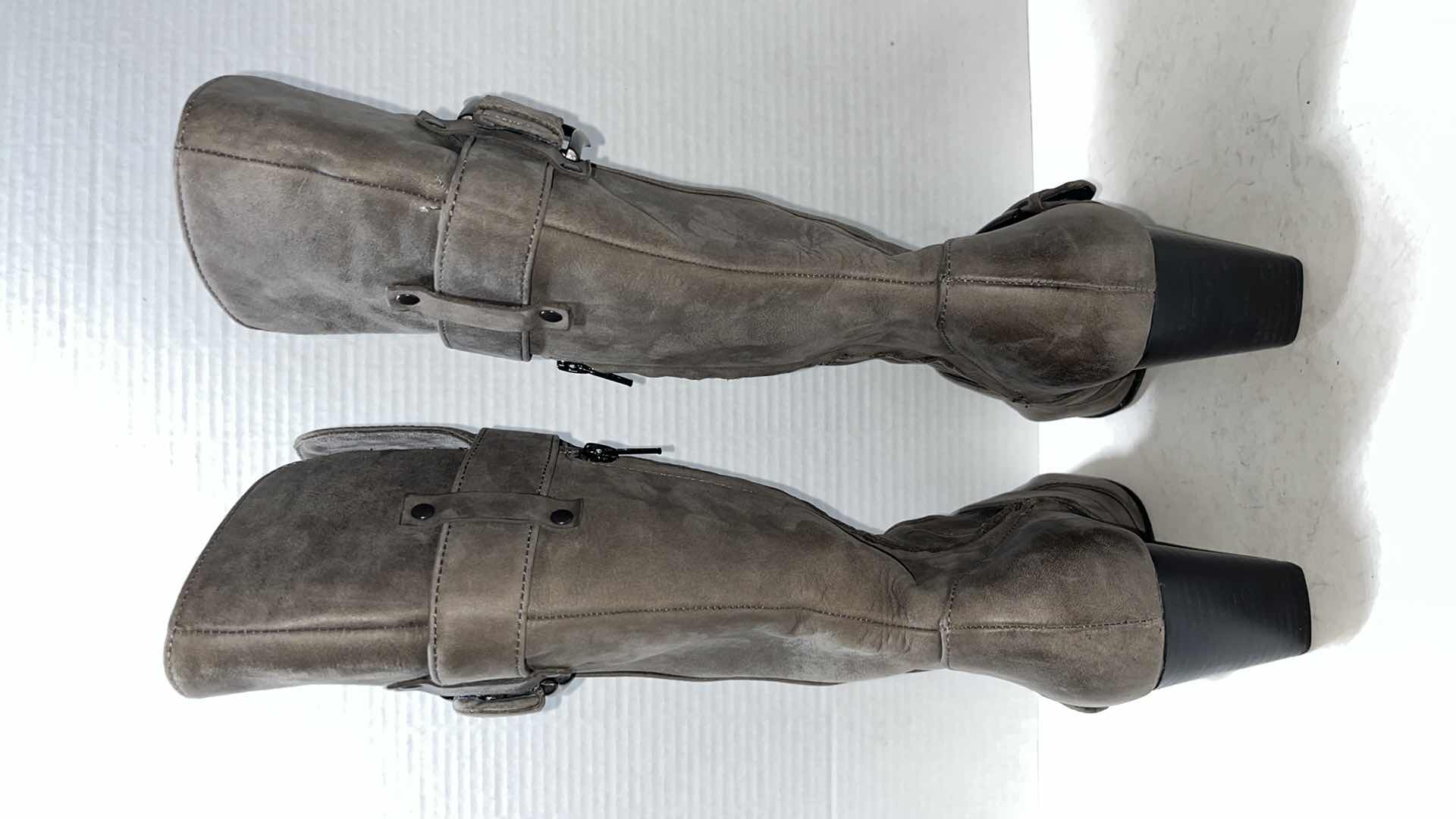 Photo 1 of BORN CROWN YOLANDA LEATHER MID CALF, ZIP UP HEELED BOOT, GREY (WOMENS SIZE 9)