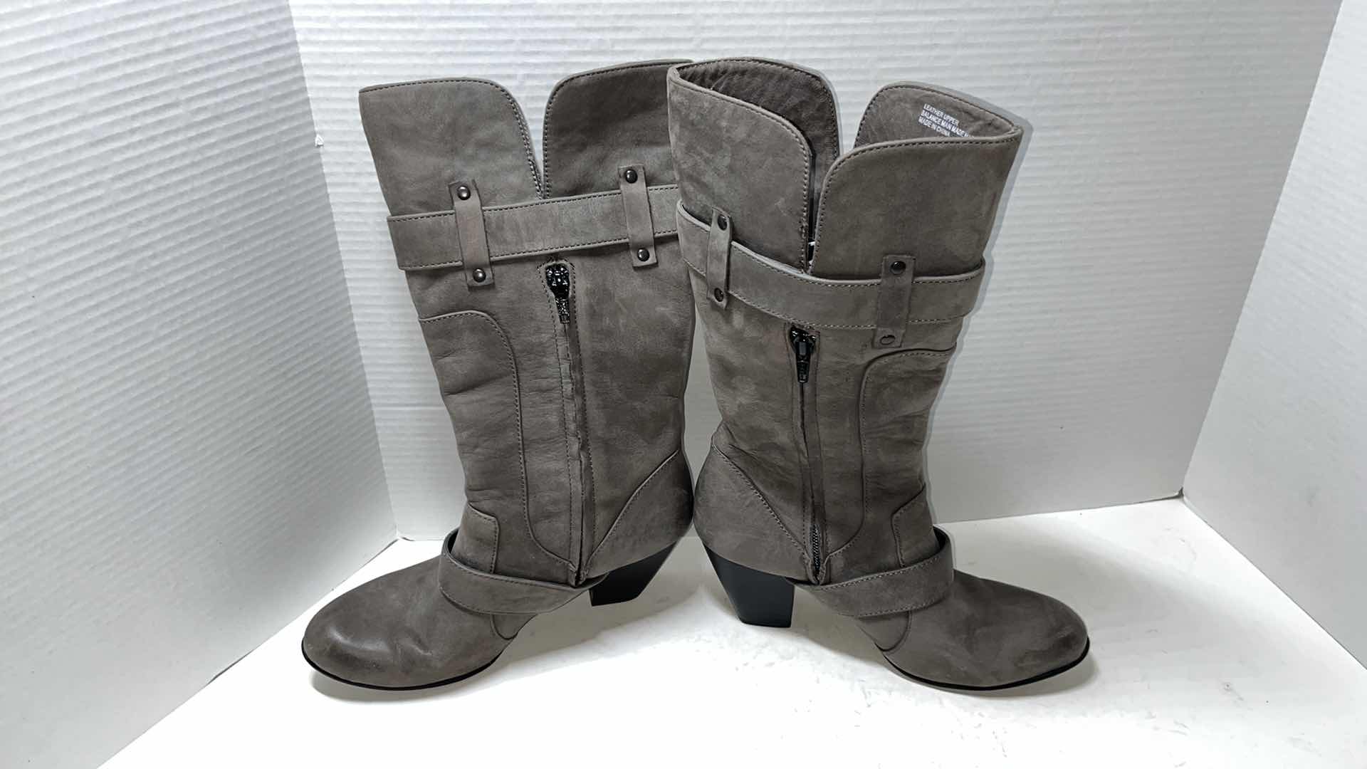 Photo 1 of BORN CROWN YOLANDA LEATHER MID CALF, ZIP UP HEELED BOOT, GREY (WOMENS SIZE 9)