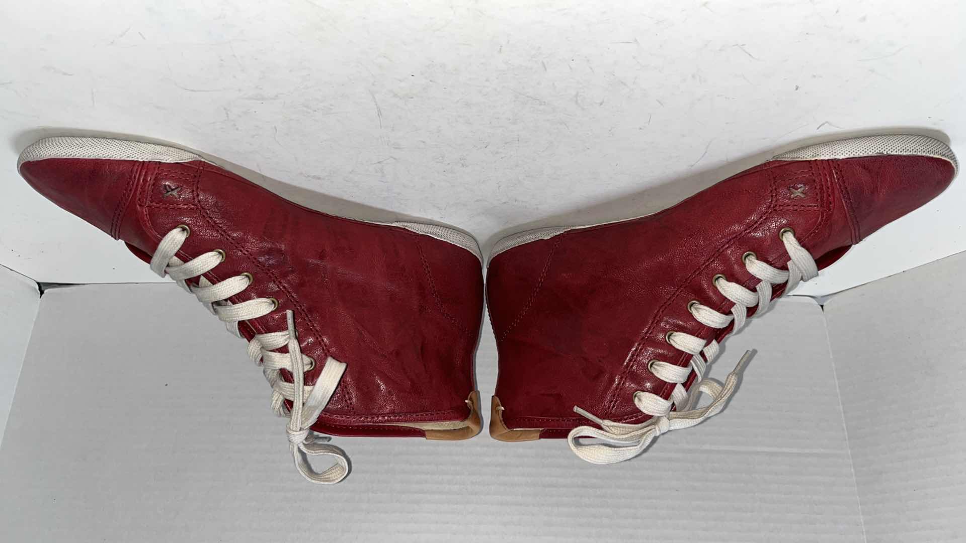 View 3 of FRYE KIRA HIGH TOO LEATHER SNEAKERS, RED (WOMENS SIZE 9)