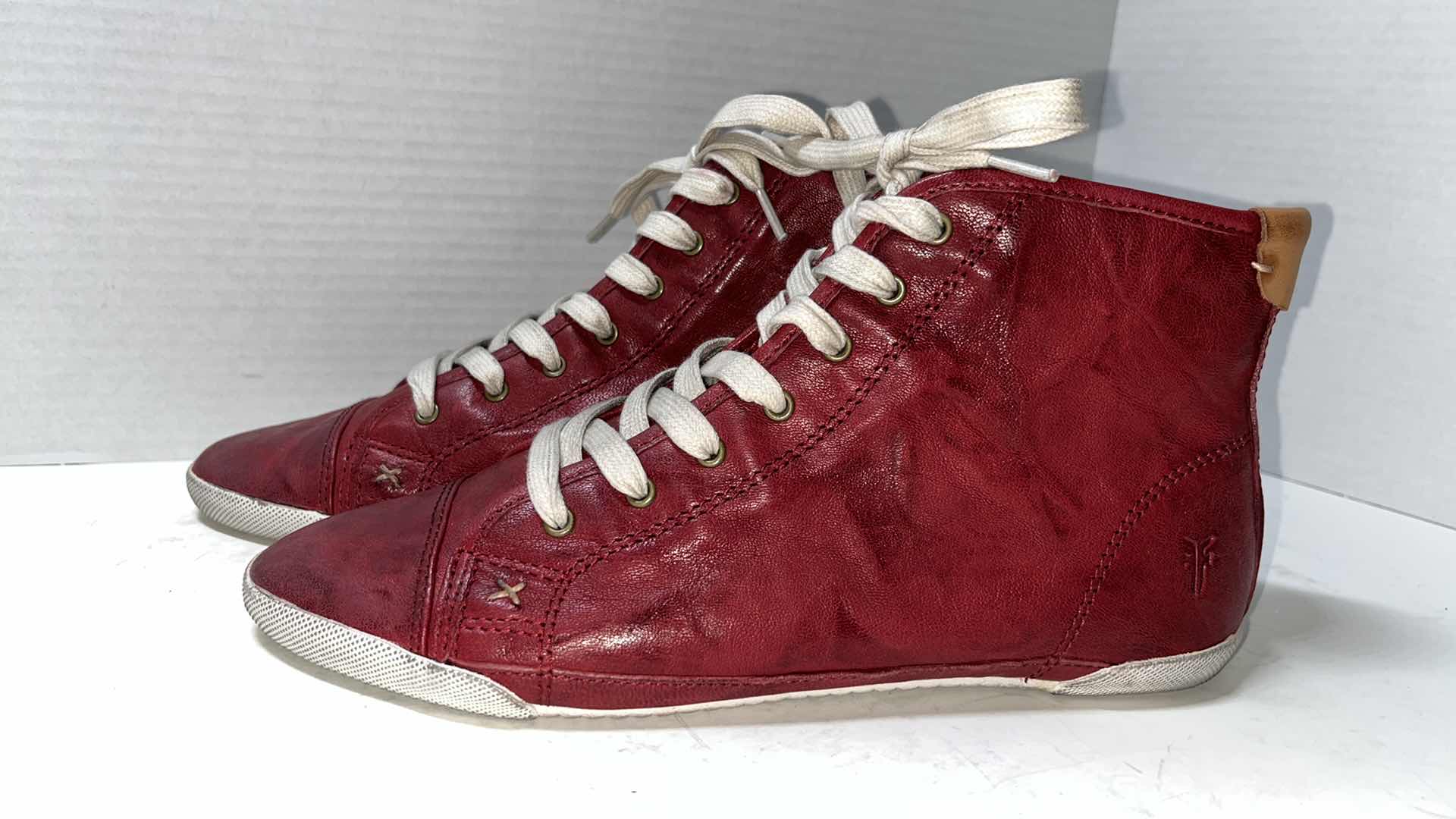 View 1 of FRYE KIRA HIGH TOO LEATHER SNEAKERS, RED (WOMENS SIZE 9)