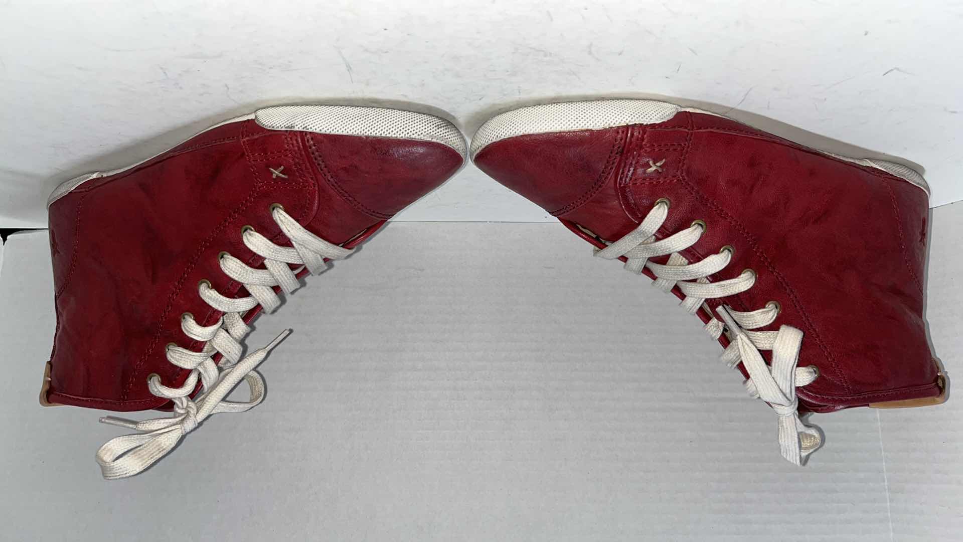 View 2 of FRYE KIRA HIGH TOO LEATHER SNEAKERS, RED (WOMENS SIZE 9)