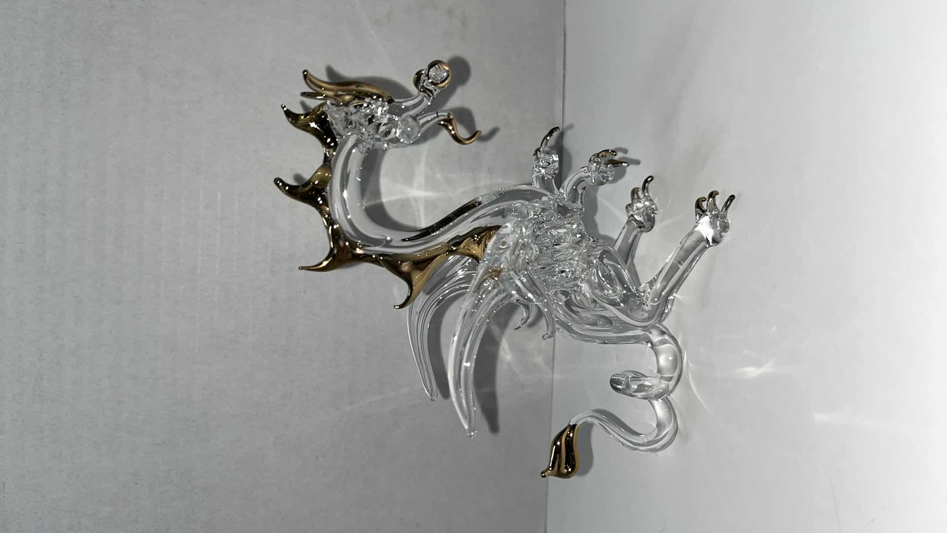 Photo 1 of HAND BLOWN CLEAR GLASS DRAGON W GOLD ACCENTS 5”