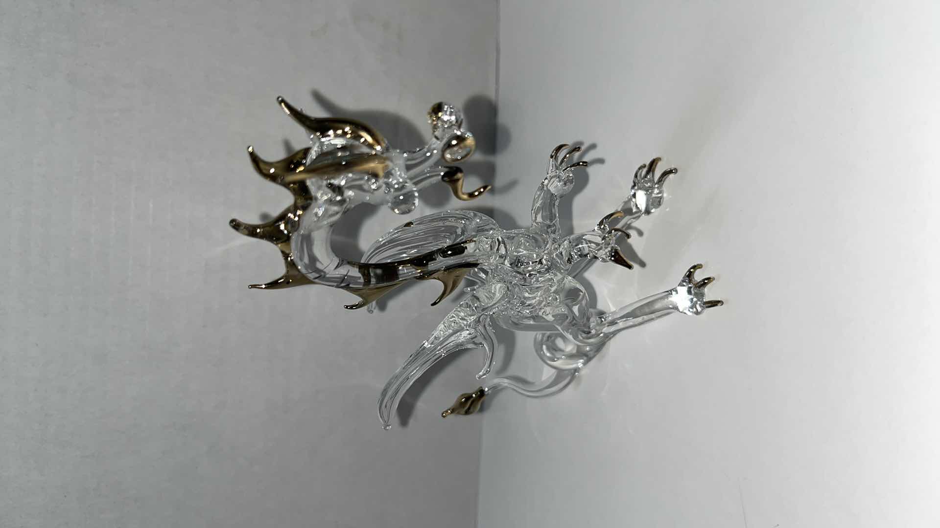 Photo 1 of HAND BLOWN CLEAR GLASS DRAGON W GOLD ACCENTS 5”