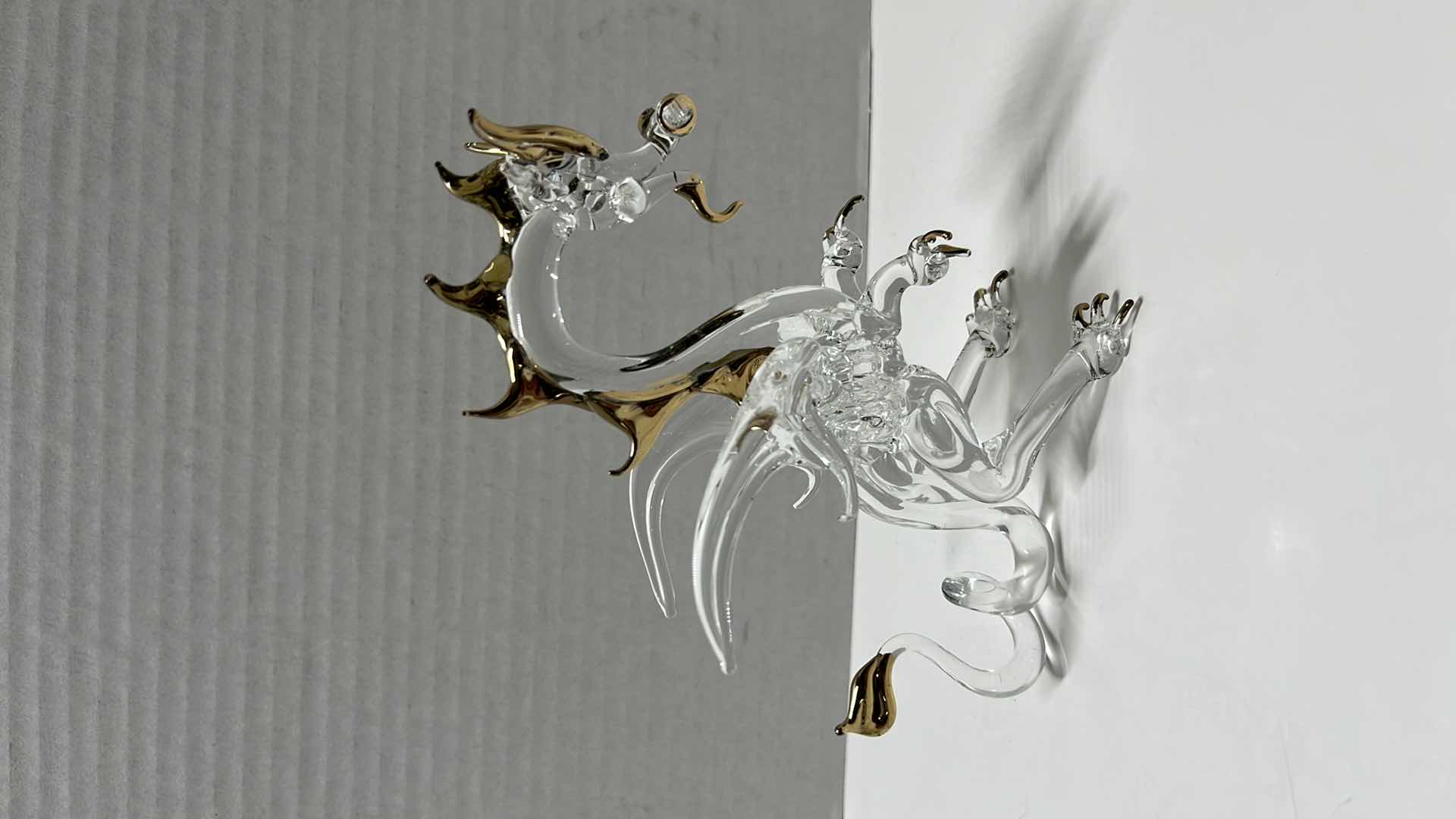 Photo 1 of HAND BLOWN CLEAR GLASS DRAGON W GOLD ACCENTS 5”