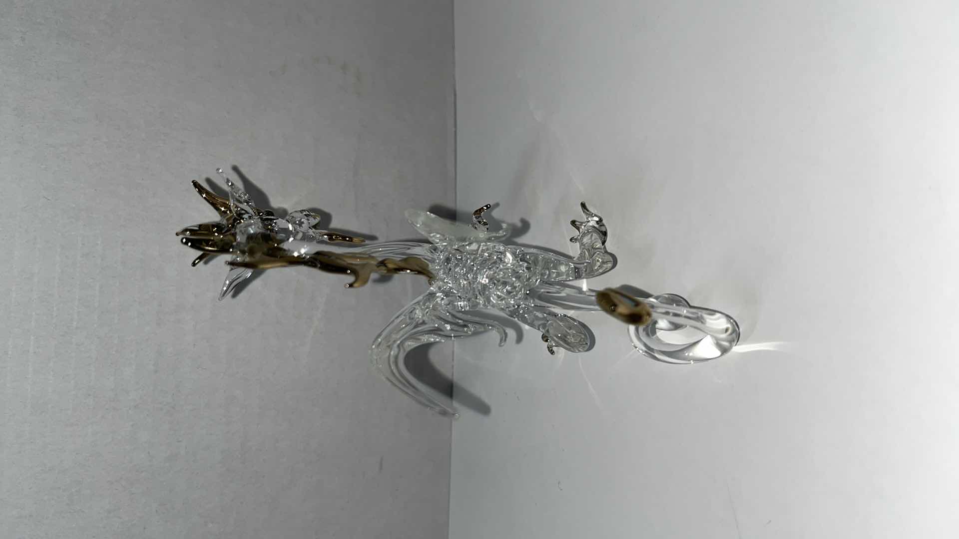 Photo 1 of HAND BLOWN CLEAR GLASS DRAGON W GOLD ACCENTS 5”