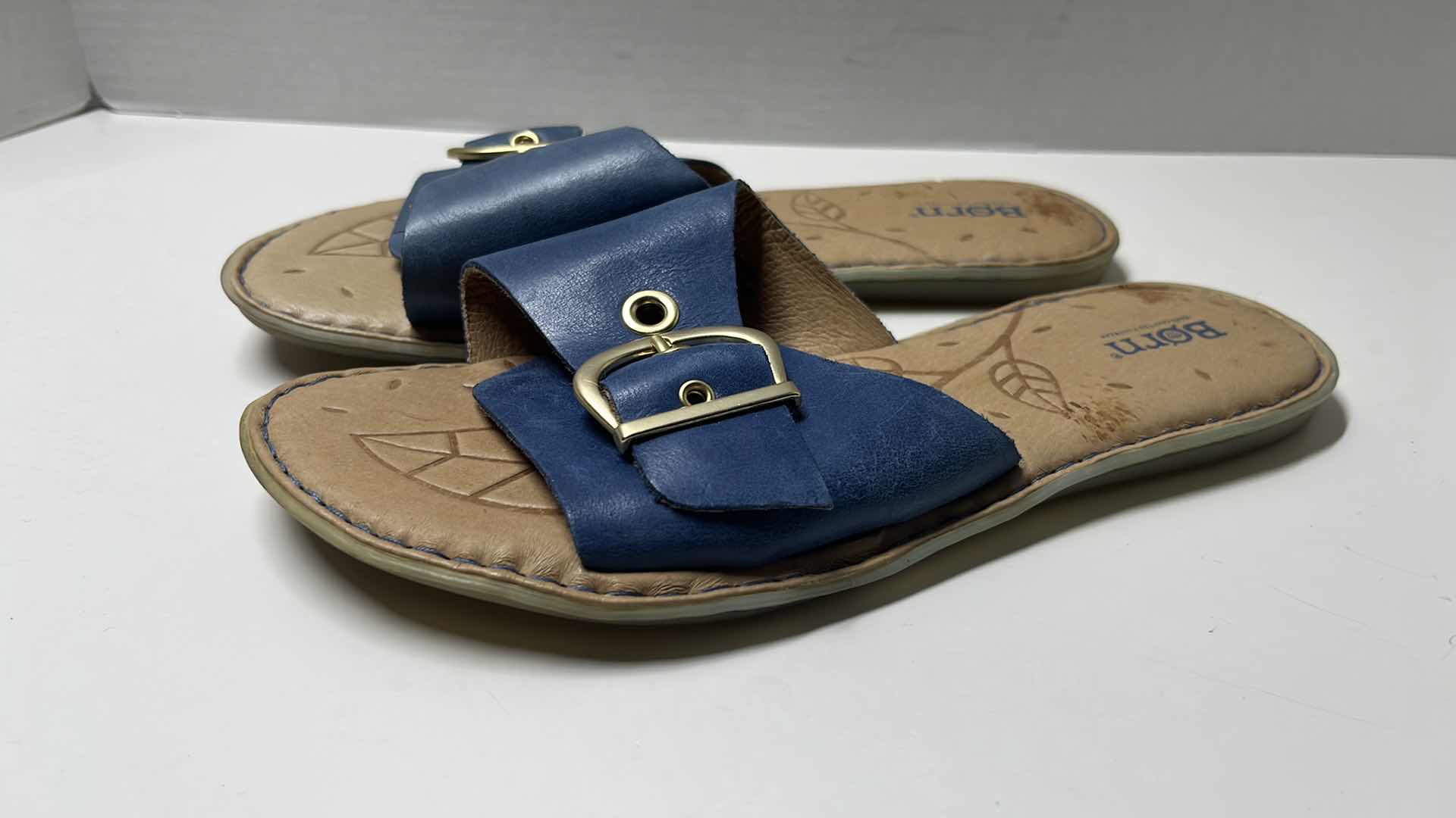 Photo 1 of BORN MIARRA BIG BUCKLE LEATHER SLIDE SANDALS, BLUE (WOMENS SIZE 9)