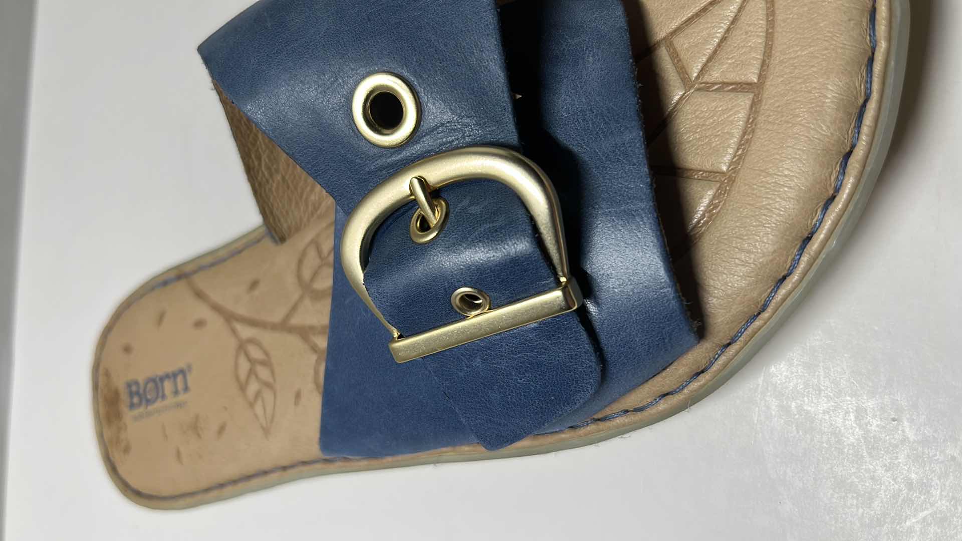 Photo 2 of BORN MIARRA BIG BUCKLE LEATHER SLIDE SANDALS, BLUE (WOMENS SIZE 9)