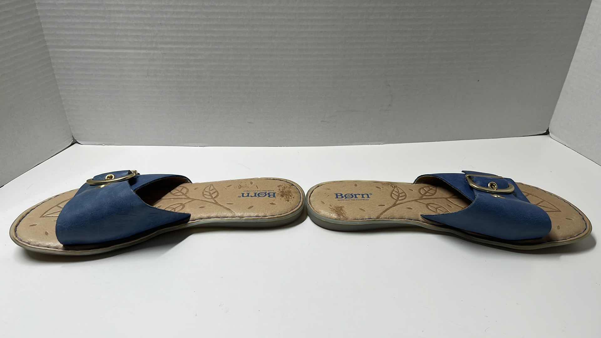 Photo 4 of BORN MIARRA BIG BUCKLE LEATHER SLIDE SANDALS, BLUE (WOMENS SIZE 9)
