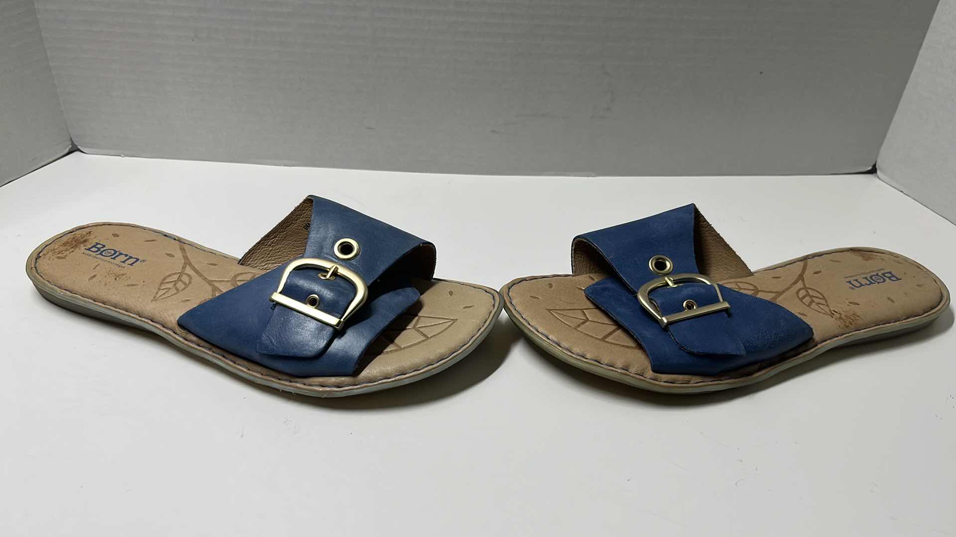 Photo 1 of BORN MIARRA BIG BUCKLE LEATHER SLIDE SANDALS, BLUE (WOMENS SIZE 9)