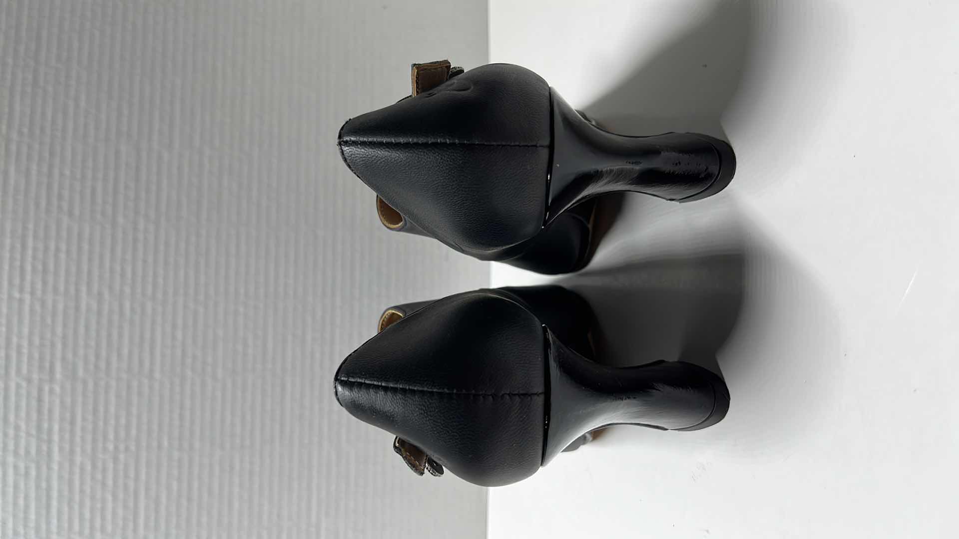 Photo 1 of JOHN FLUEVOG POSER DARLA BUCKLED LEATHER HEEL, BLACK (WOMENS SIZE 8.5)