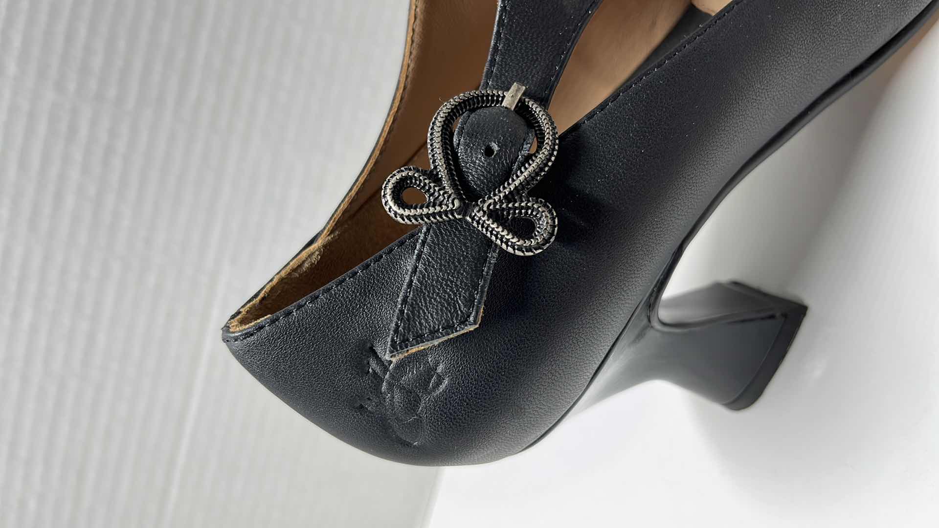 Photo 1 of JOHN FLUEVOG POSER DARLA BUCKLED LEATHER HEEL, BLACK (WOMENS SIZE 8.5)