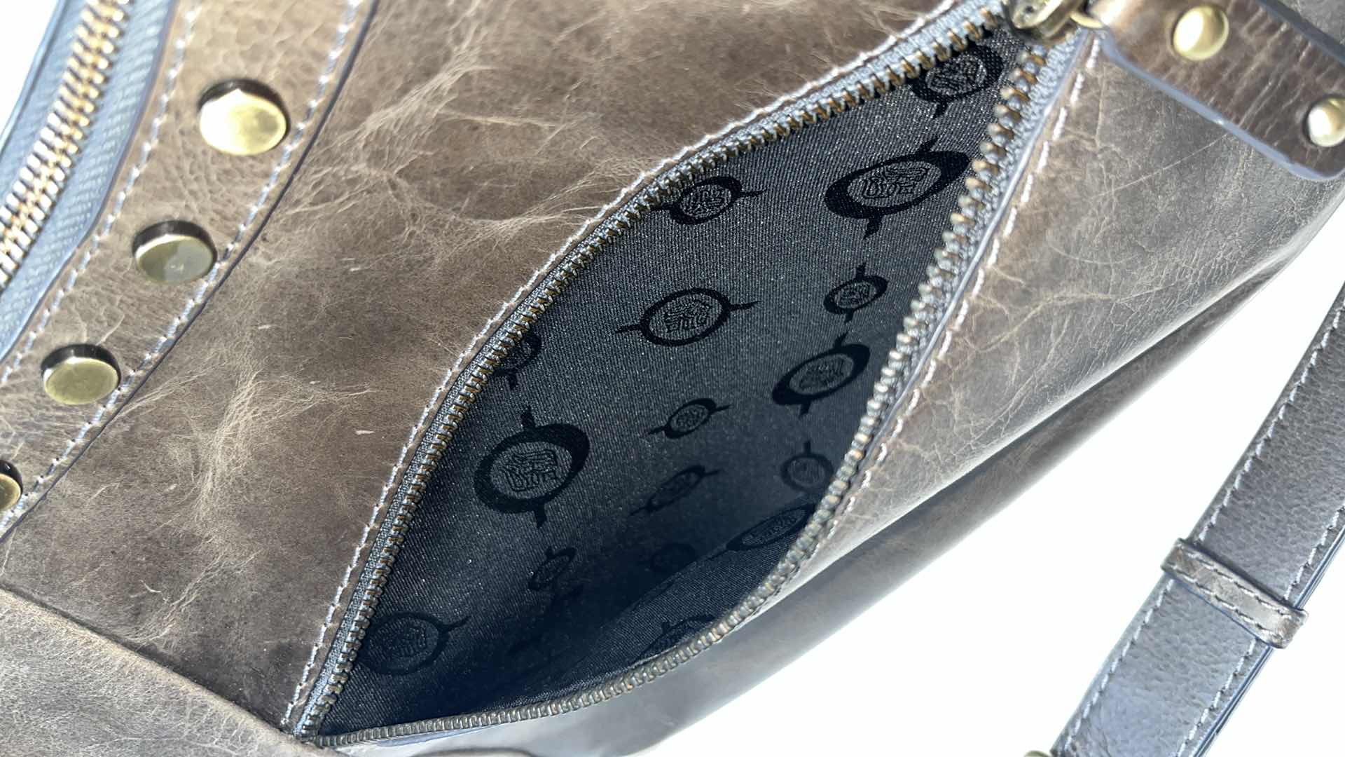 Photo 4 of BORN STUDDED LEATHER LARGE CROSSBODY BAG W RUBBED BRONZE EMBELLISHMENTS, RUSTIC BROWN