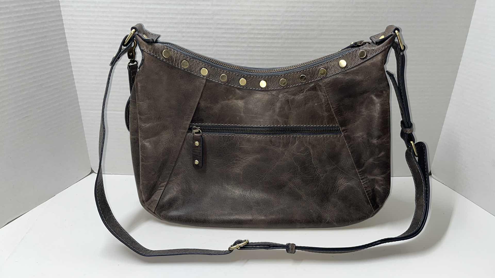 Photo 1 of BORN STUDDED LEATHER LARGE CROSSBODY BAG W RUBBED BRONZE EMBELLISHMENTS, RUSTIC BROWN