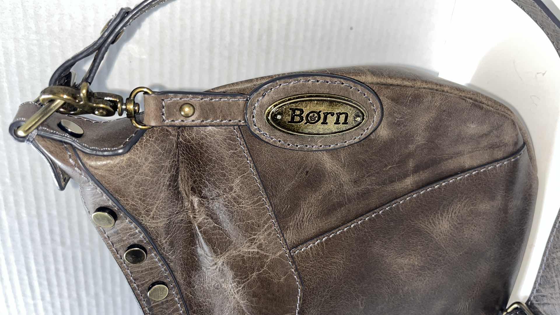 Photo 2 of BORN STUDDED LEATHER LARGE CROSSBODY BAG W RUBBED BRONZE EMBELLISHMENTS, RUSTIC BROWN