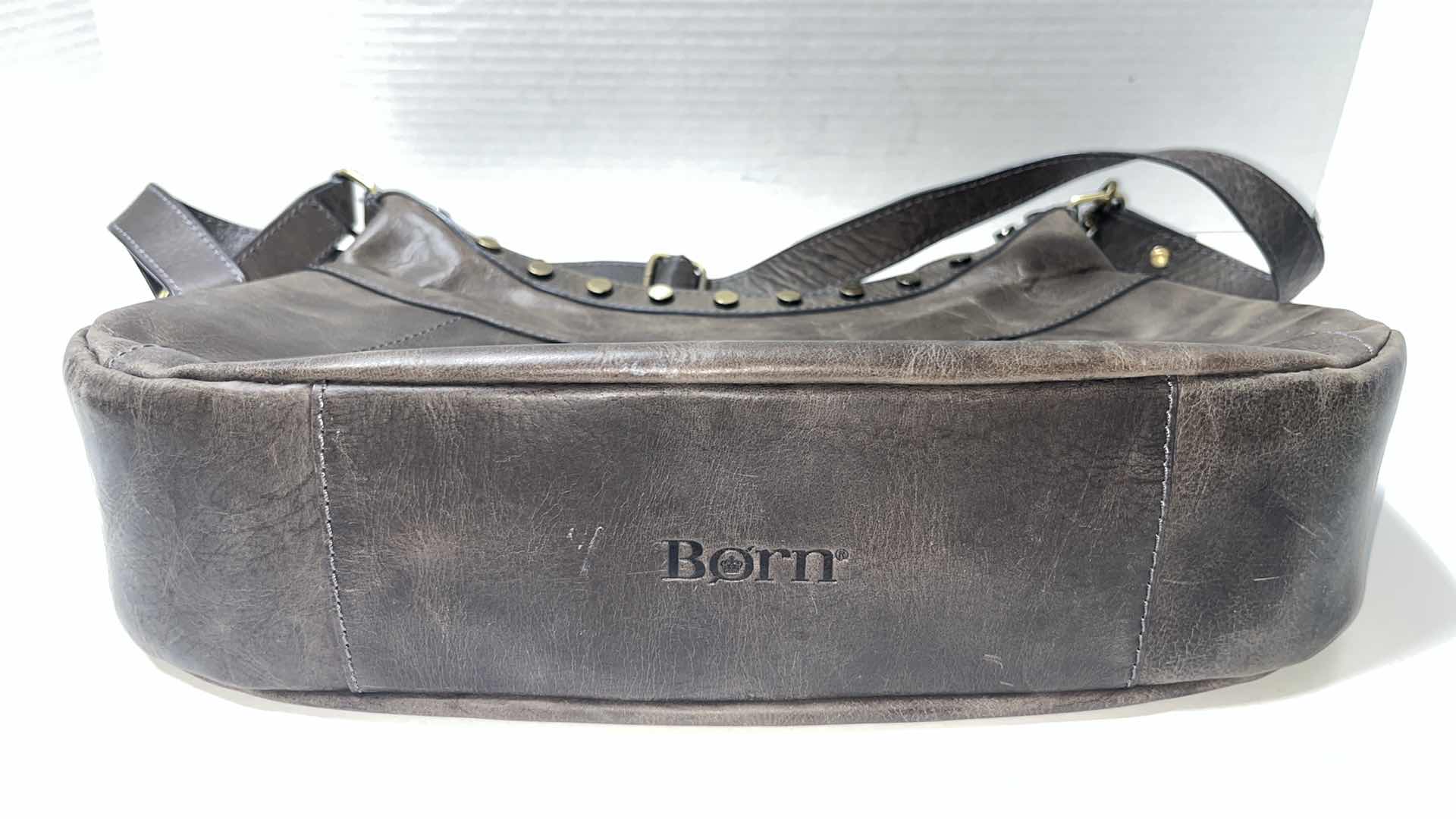 Photo 7 of BORN STUDDED LEATHER LARGE CROSSBODY BAG W RUBBED BRONZE EMBELLISHMENTS, RUSTIC BROWN