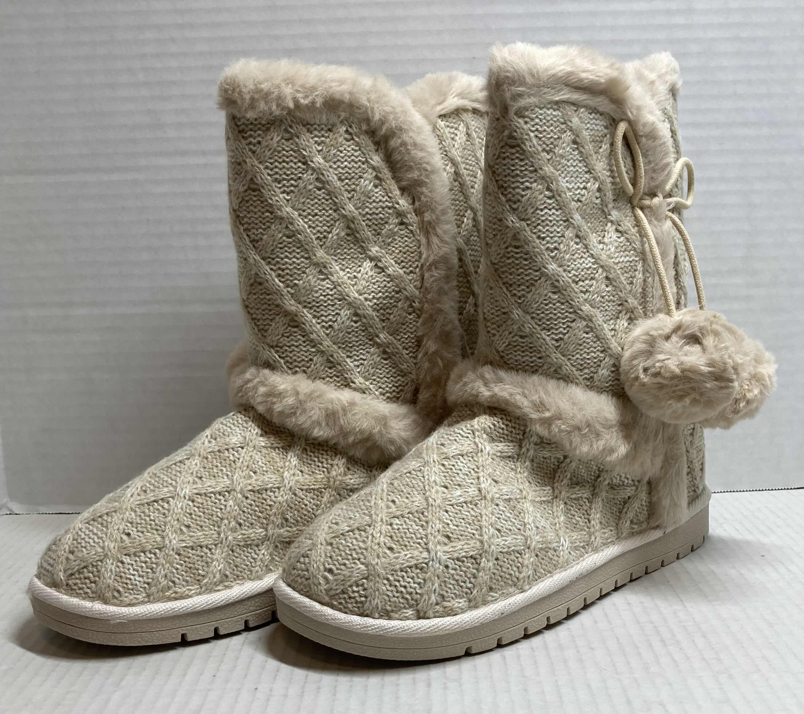 Photo 1 of NEW JUSTFAB BEIGE IDINA KNOT POM FUZZIE BOOTS WOMEN’S SIZE 8