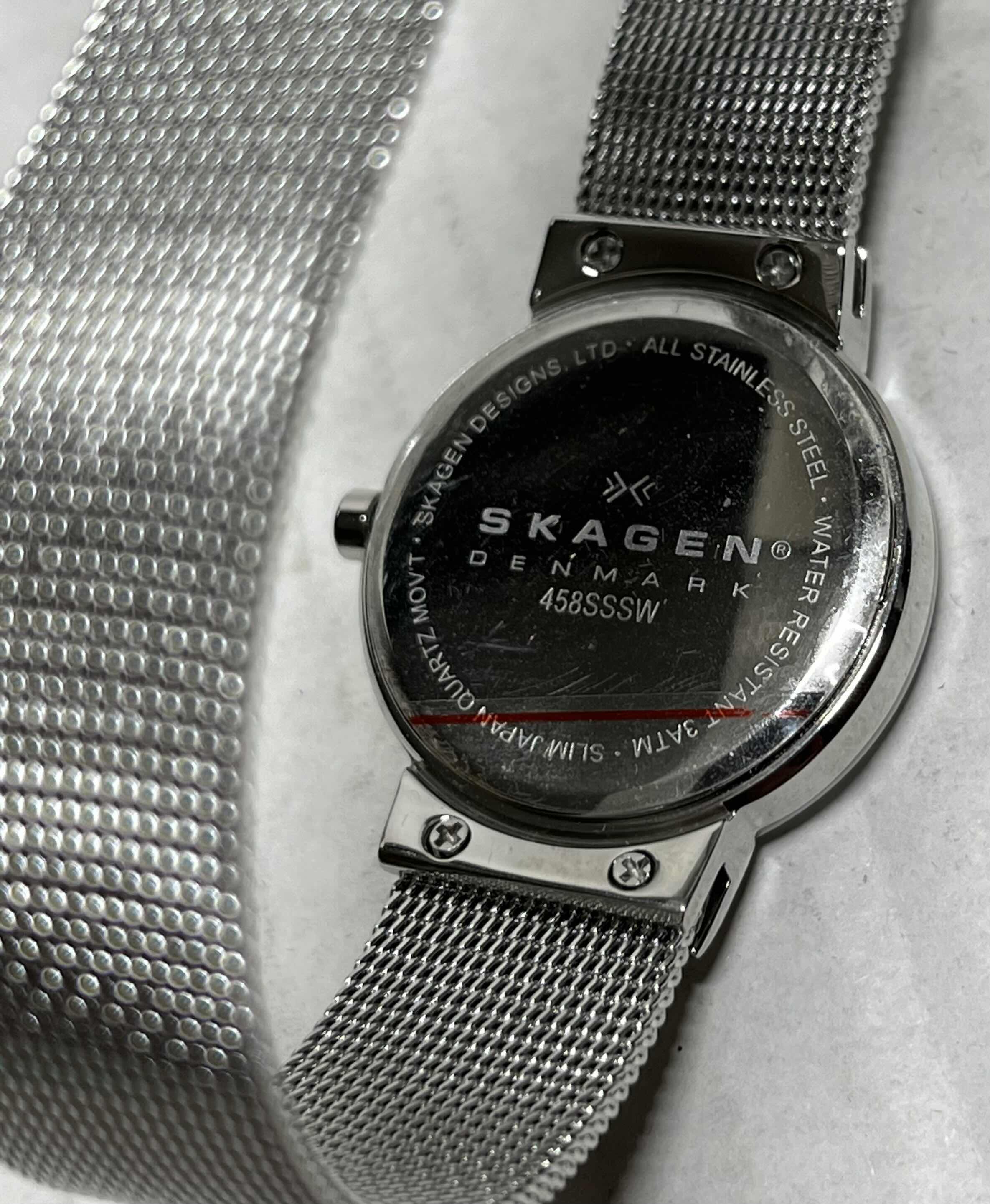 Photo 1 of SKAGEN DENMARK WOMENS ANALOG WATCH W STAINLESS STEEL CASE & MESH BAND, MOTHER OF PEARL INLAY & SWAROVSKI CRYSTALS MODEL 458SSSW