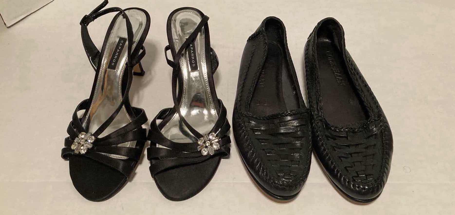 Photo 1 of CAPARROS BLACK OPEN TOE HEELS & COLE HAAN BLACK WOVEN LEATHER LOAFERS WOMEN’S SIZE 8-8.5