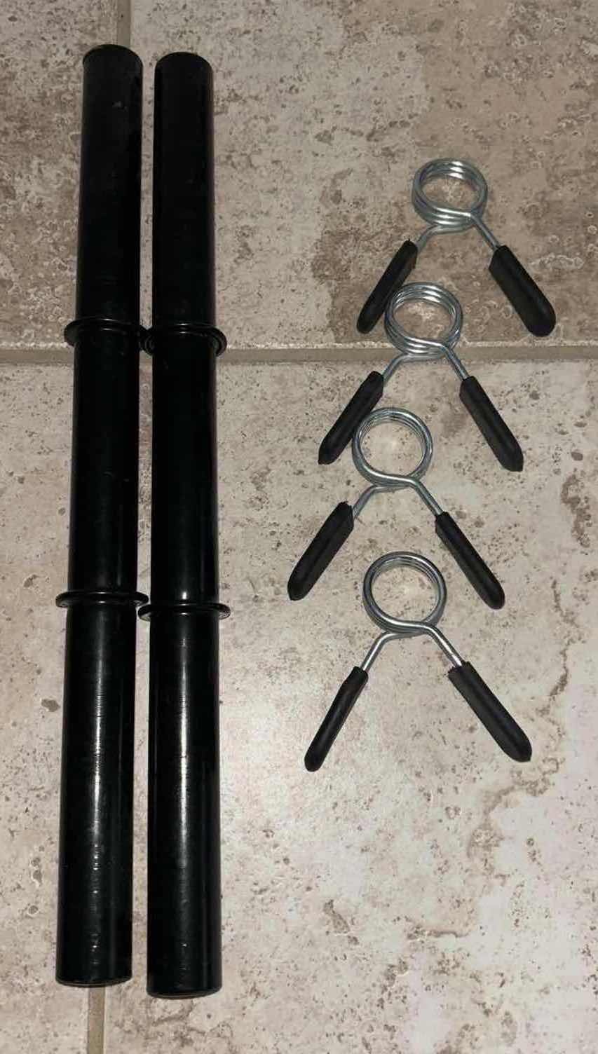 Photo 1 of ADJUSTABLE DUMBBELL SET W PLASTIC WEIGHT PLATES, 7.5LB WEIGHTS (4), 2.5LB WEIGHTS (4), DUMBBELL BARS (2) & SPRING LOCKING CLIPS (4)