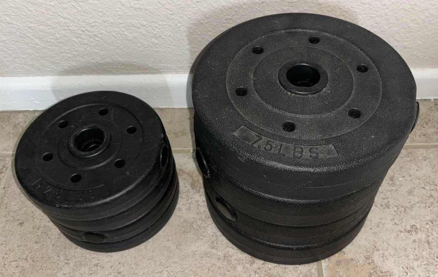 Photo 1 of ADJUSTABLE DUMBBELL SET W PLASTIC WEIGHT PLATES, 7.5LB WEIGHTS (4), 2.5LB WEIGHTS (4), DUMBBELL BARS (2) & SPRING LOCKING CLIPS (4)