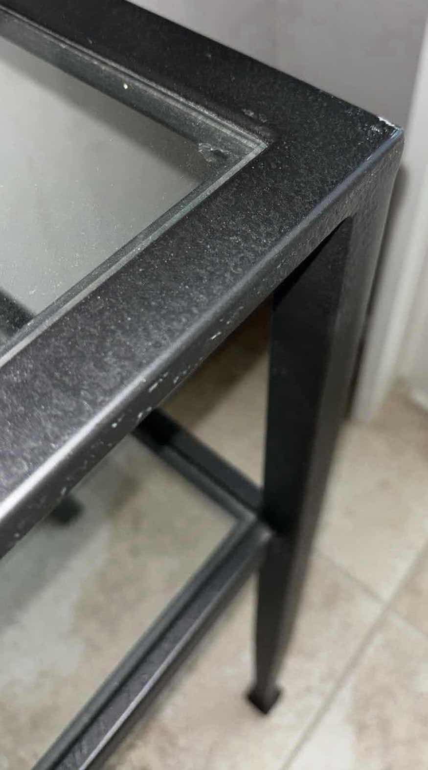 Photo 1 of POTTERY BARN TANNER COLLECTION IRON 2-TIER CONSOLE TABLE W TEMPERED GLASS TOPS 14” X 42” H30”