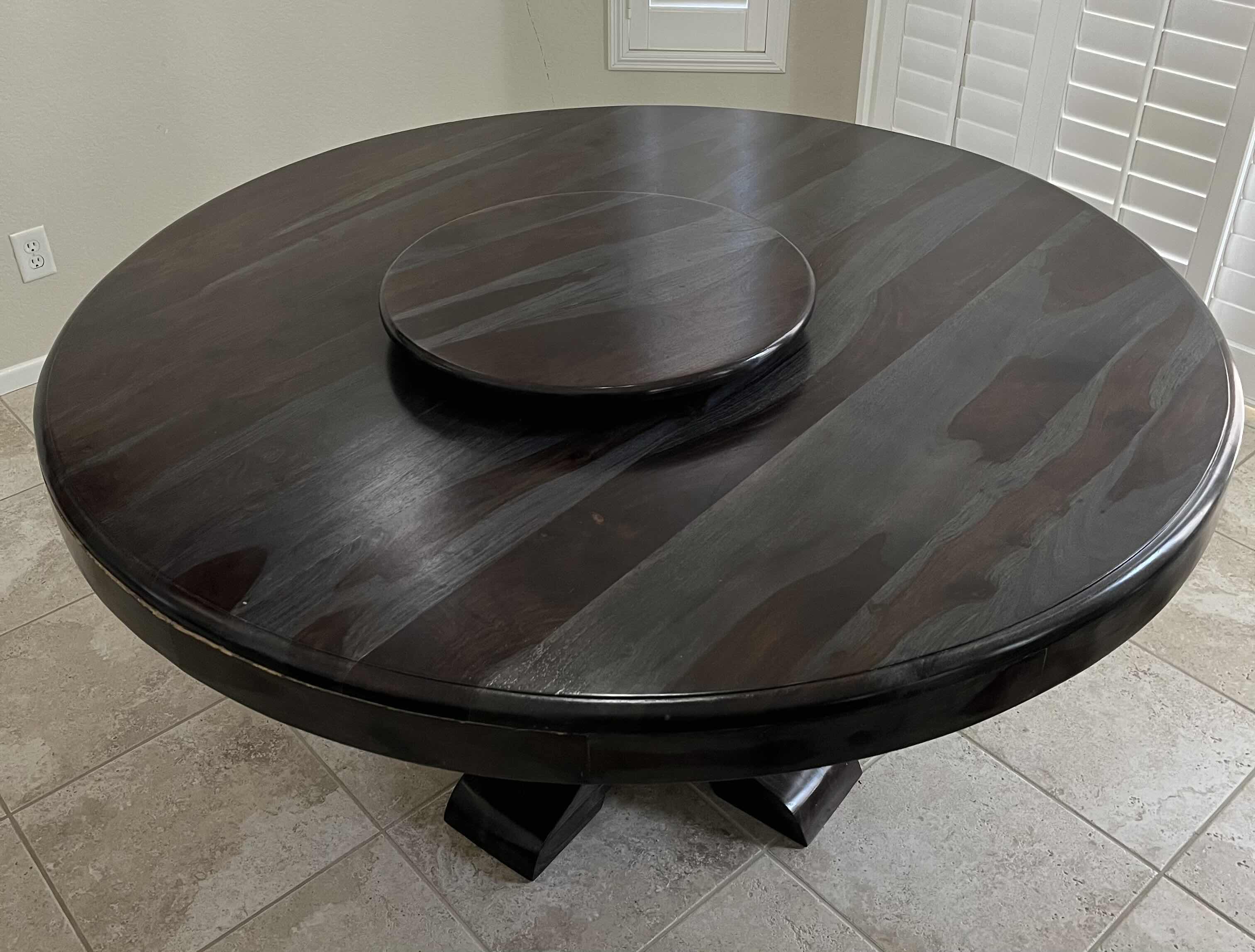 Photo 1 of COAST TO COAST 60” ROUND SHEESHAM HIGHLIGHT WASH PEDESTAL DINING TABLE W 22” LAZY SUSAN & 6 CHAIRS (READ NOTES)