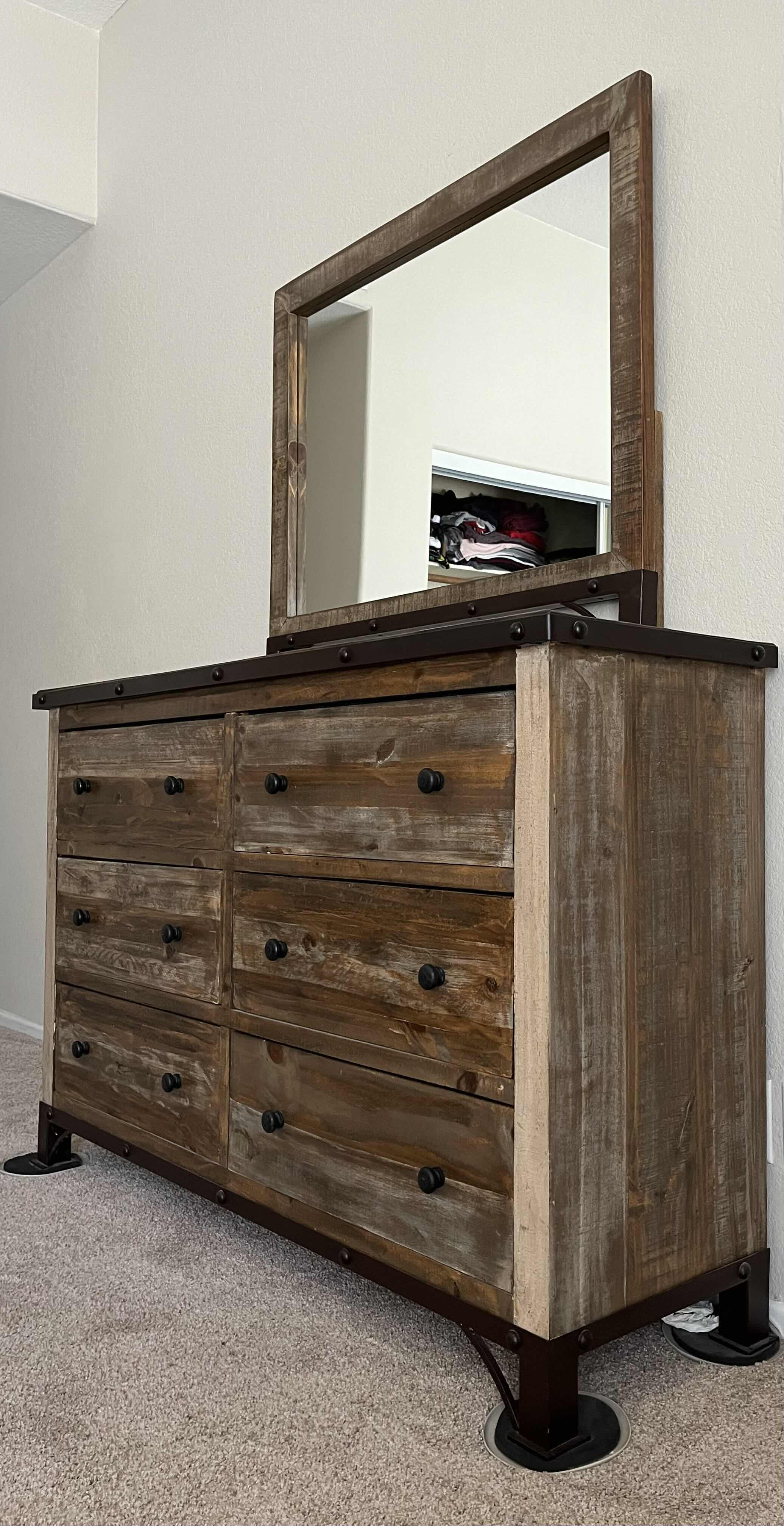 Photo 1 of INTERNATIONAL FURNITURE DIRECT ANTIQUE BARNWOOD RUSTIC VANITY 6 DRESSER 62” X 19” H74” (READ NOTES)