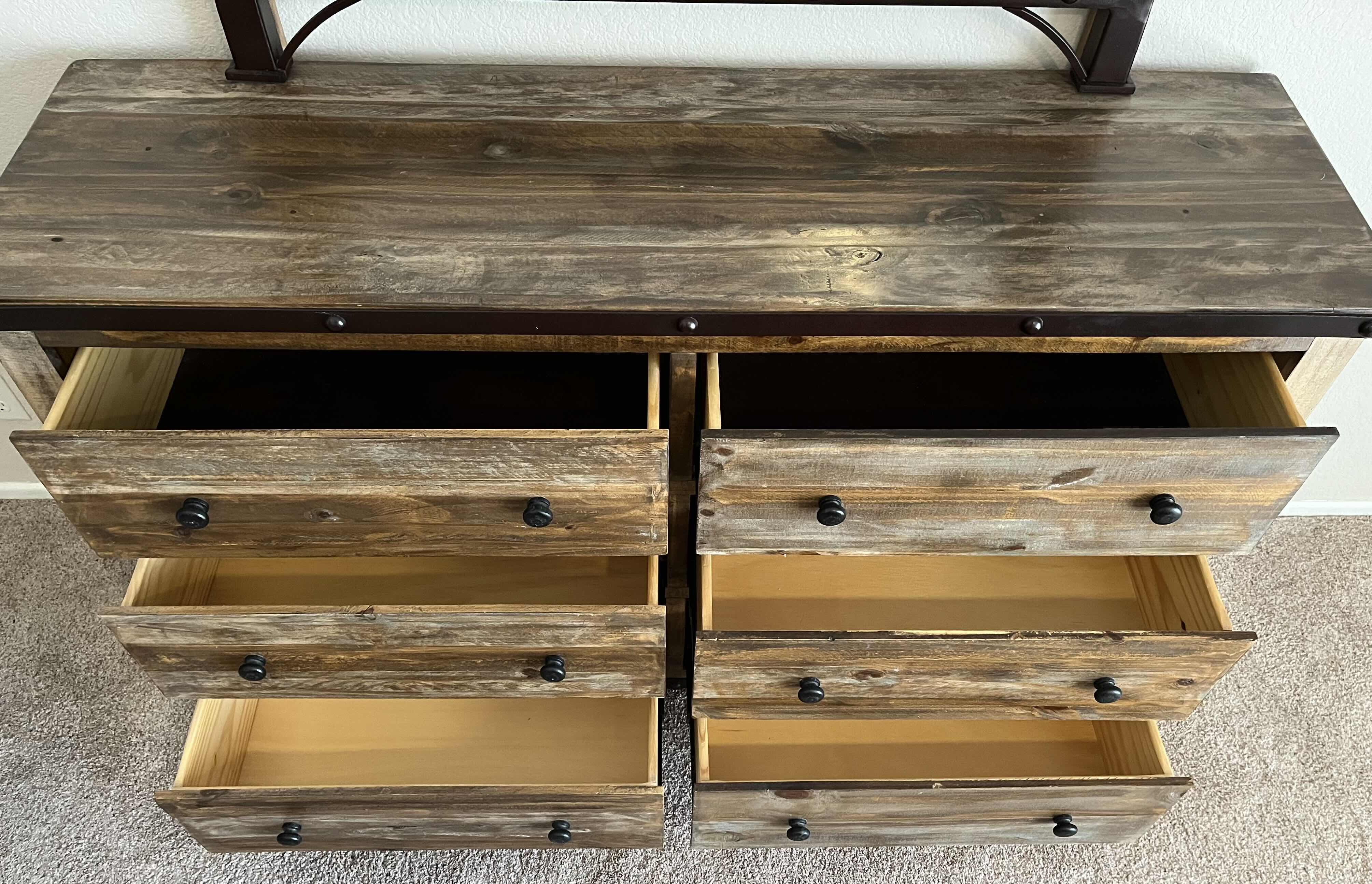 Photo 1 of INTERNATIONAL FURNITURE DIRECT ANTIQUE BARNWOOD RUSTIC VANITY 6 DRESSER 62” X 19” H74” (READ NOTES)