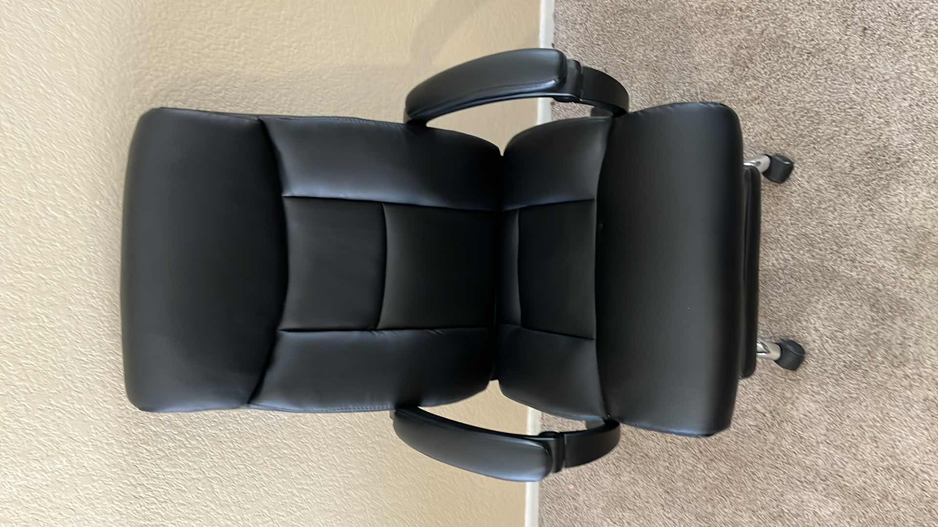 Photo 1 of COASTER FINE FURNITURE BLACK LEATHER HIGH BACK ERGONOMIC ROLLING OFFICE CHAIR W INCREMENTAL FOOT REST 27.5” X 25.25” H43”