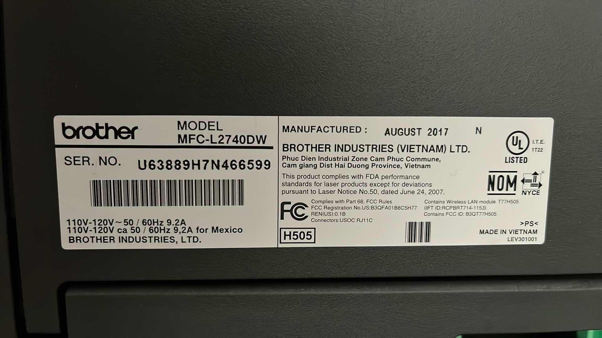 Photo 1 of BROTHER MULTI FUNCTION CENTER PRINTER MODEL MFC-L2740DW