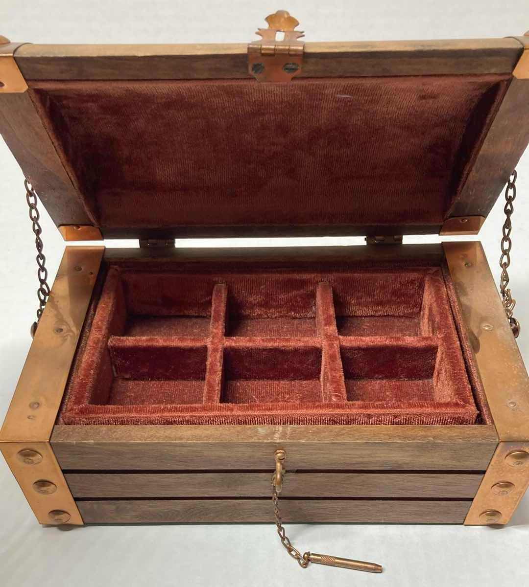 Photo 1 of RUSTIC WOODEN SLATTED CHEST W COPPER HARDWARE JEWELRY BOX 8” X 5” H3.5”