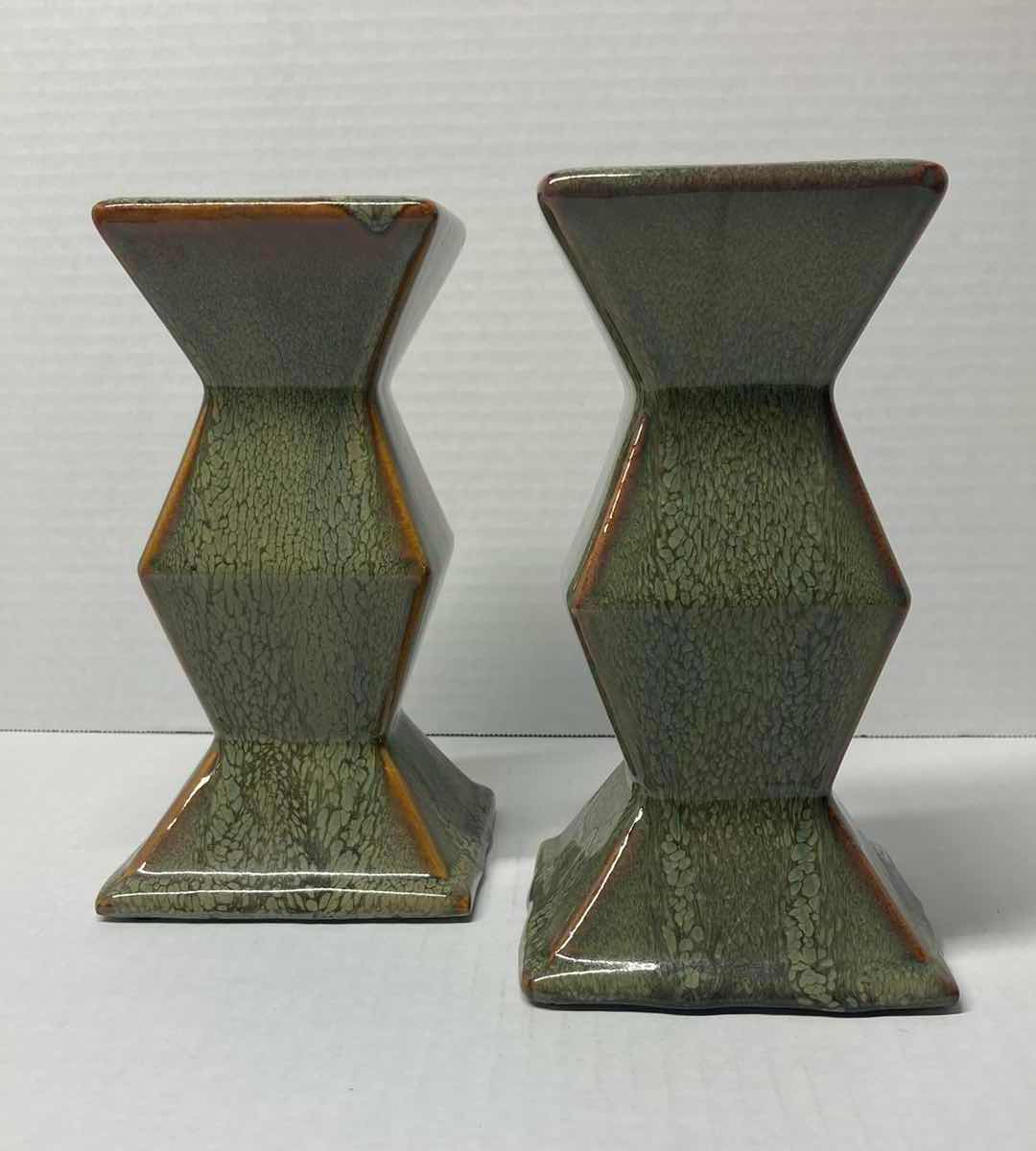 Photo 1 of GREEN ZIG ZAG CERAMIC CANDLE HOLDERS (2)