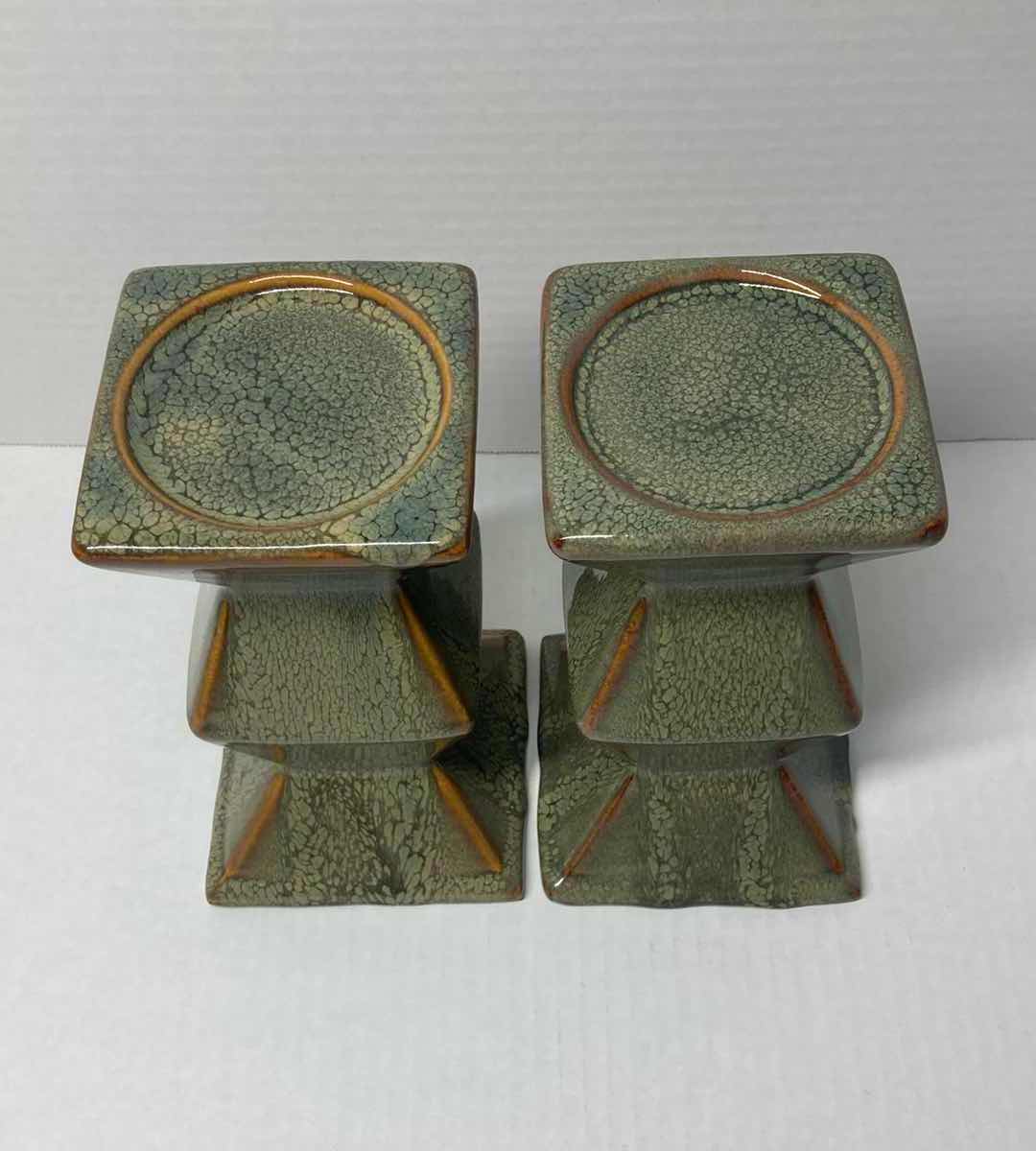 Photo 1 of GREEN ZIG ZAG CERAMIC CANDLE HOLDERS (2)