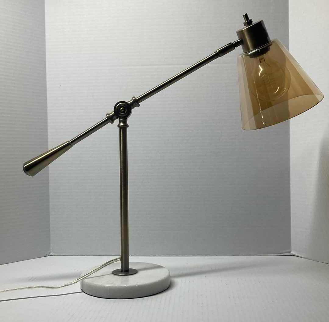 Photo 1 of ADESSO SIENNA ANTIQUE BRASS FINISH DESK LAMP W AMBER GLASS SHADE & MARBLE BASE 22” X 7” H21”