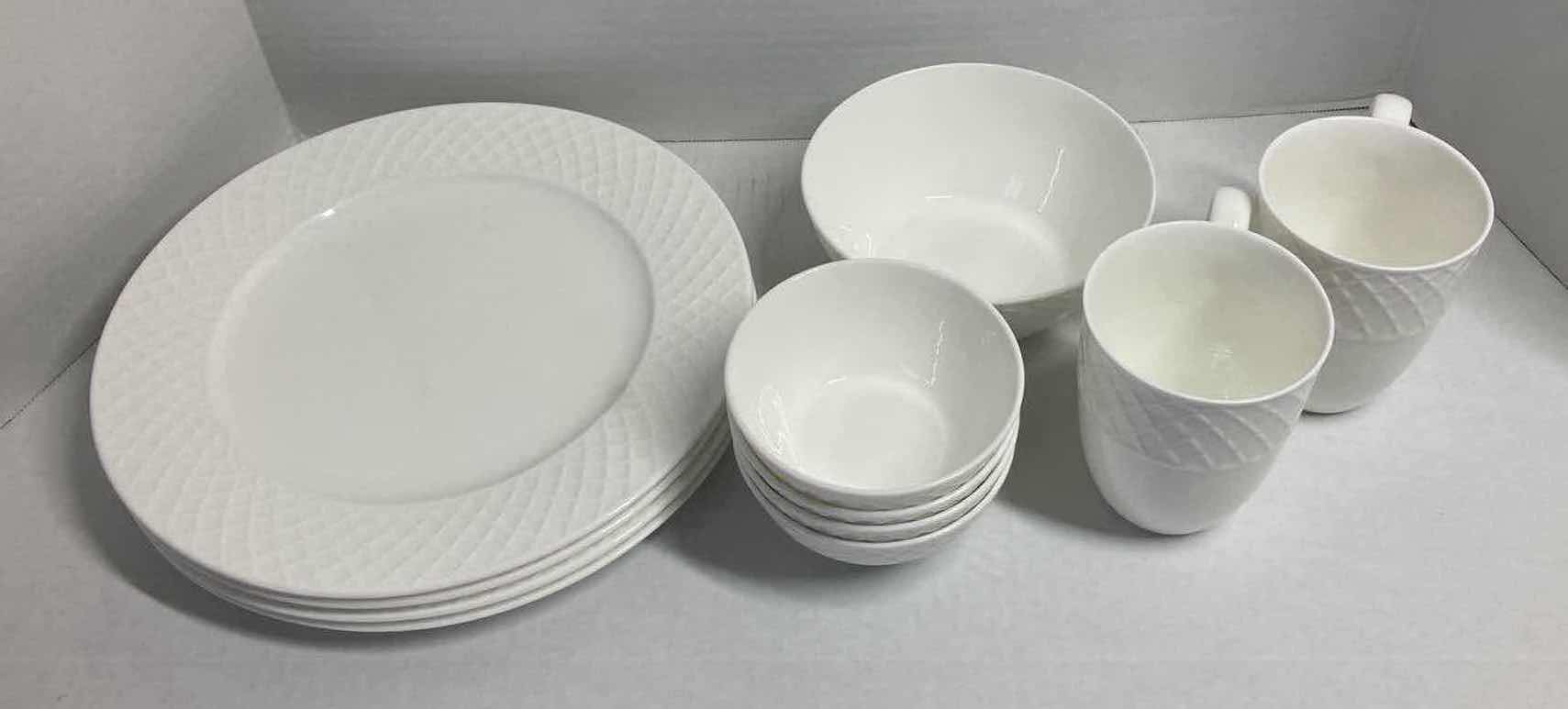 Photo 1 of MIKASA TRELLIS WHITE BONE CHINA DINNERWARE 11PC SET