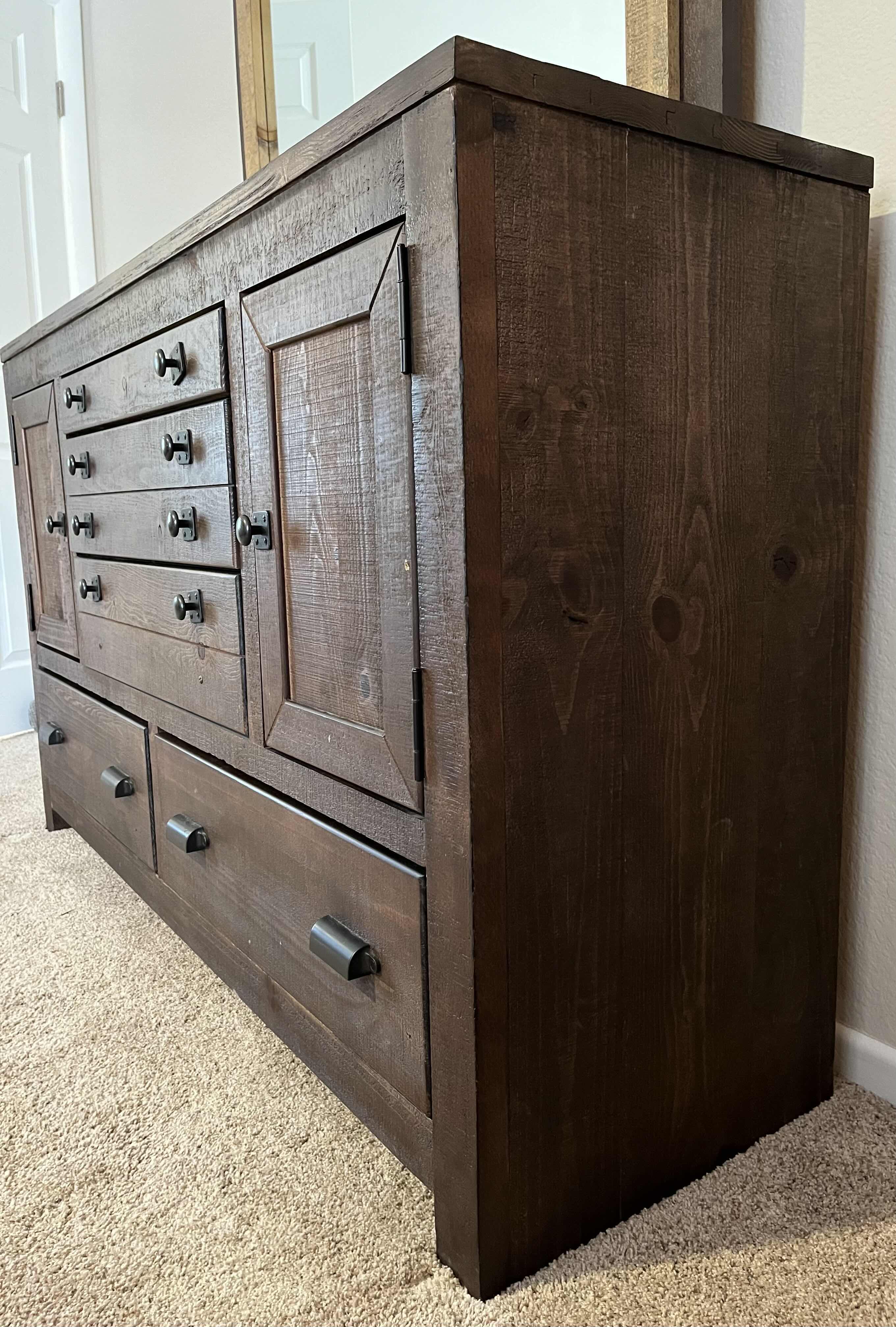Photo 1 of PROGRESSIVE FURNITURE RUSTIC ANTIQUE BARN WOOD 5 DRAWER 2 CABINET VANITY DRESSER 60” X 20” H78”
