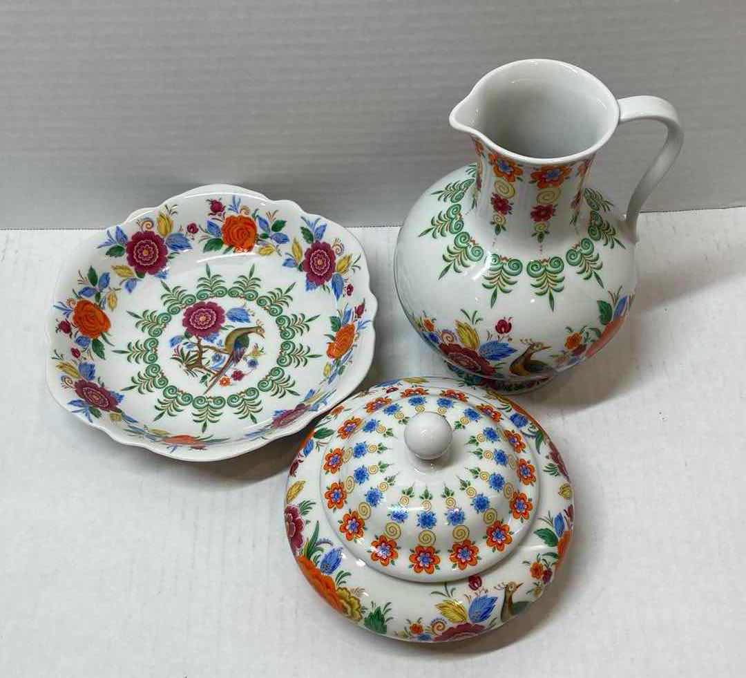 Photo 1 of LINDNER KUEPS BABARIA PORCELAIN CHINESE FLOWER & PEACOCK TEA BOX, CREAMER, & BOWL