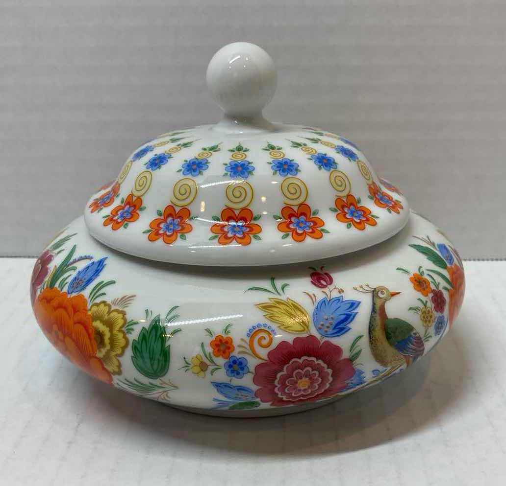 Photo 1 of LINDNER KUEPS BABARIA PORCELAIN CHINESE FLOWER & PEACOCK TEA BOX, CREAMER, & BOWL