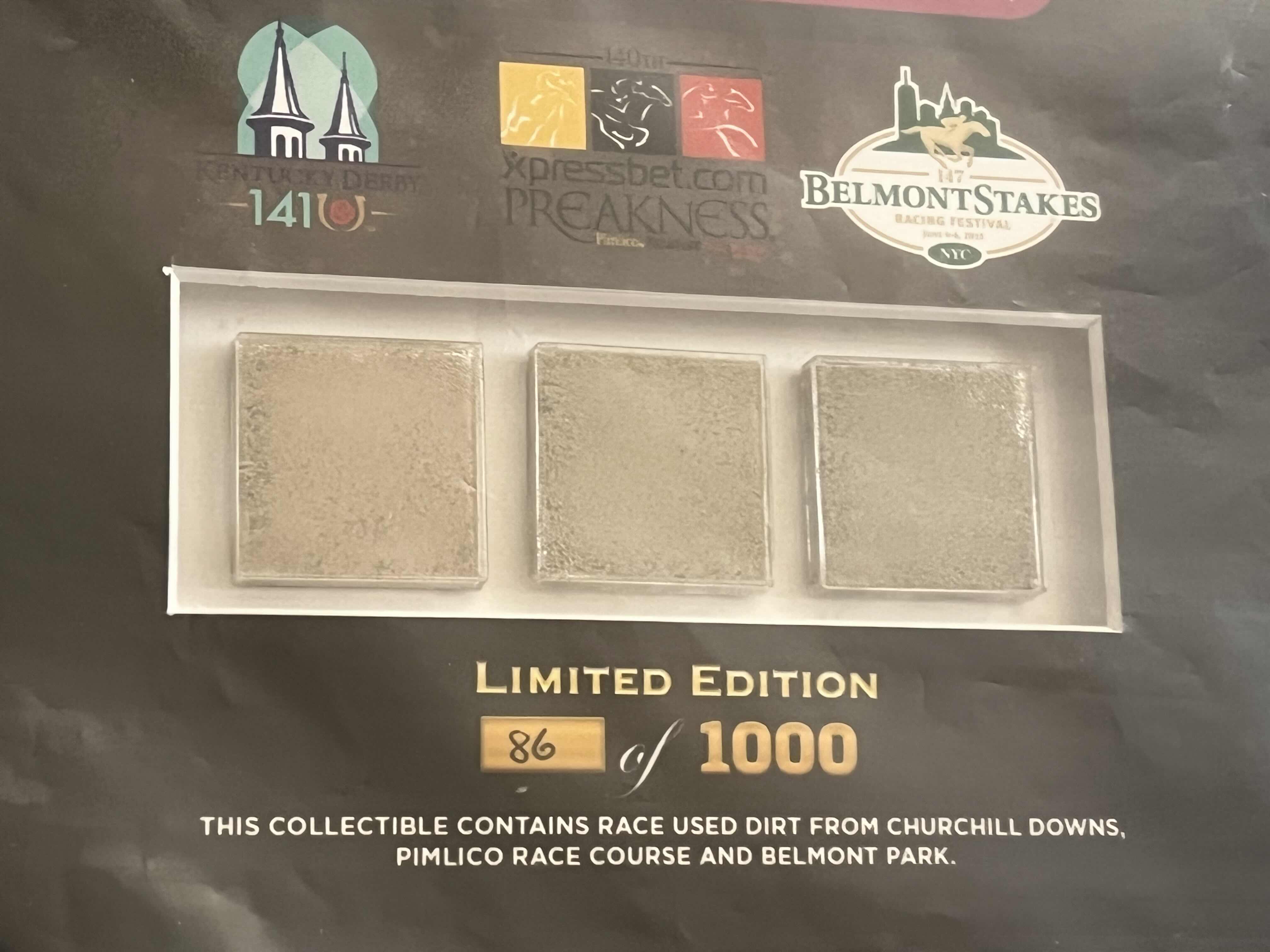 Photo 1 of NEW FANATICS AUTHENTIC TRIPLE CROWN LIMITED EDITION 141ST KENTUCKY DERBY, 140TH PREAKNESS PIMLICO BALTIMORE, 147TH BELMONT STAKES NYC USED RACE DIRT COLLECTION FRAMED MEMORABILIA ART 86/1000 W COA 37” X 17”