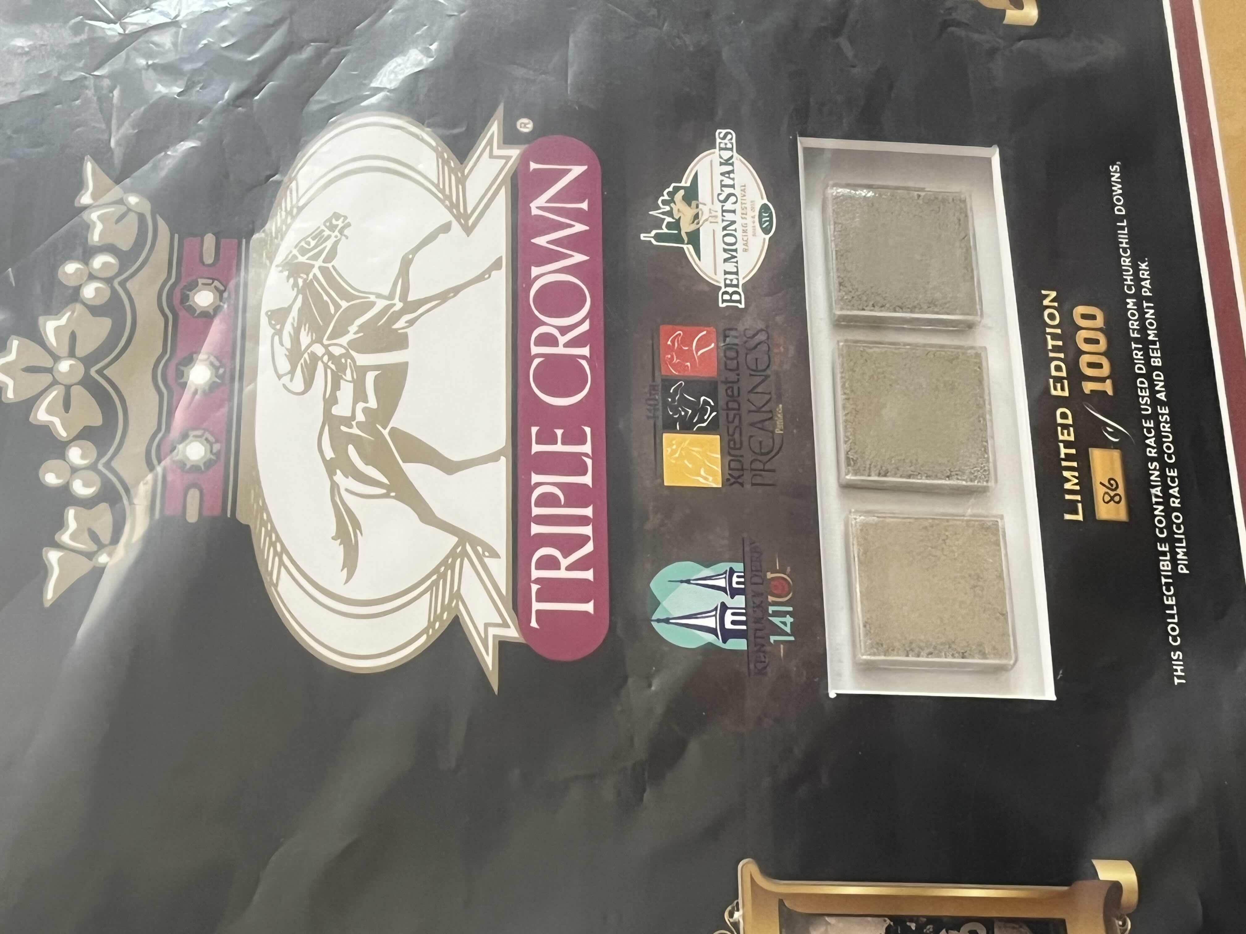 Photo 1 of NEW FANATICS AUTHENTIC TRIPLE CROWN LIMITED EDITION 141ST KENTUCKY DERBY, 140TH PREAKNESS PIMLICO BALTIMORE, 147TH BELMONT STAKES NYC USED RACE DIRT COLLECTION FRAMED MEMORABILIA ART 86/1000 W COA 37” X 17”