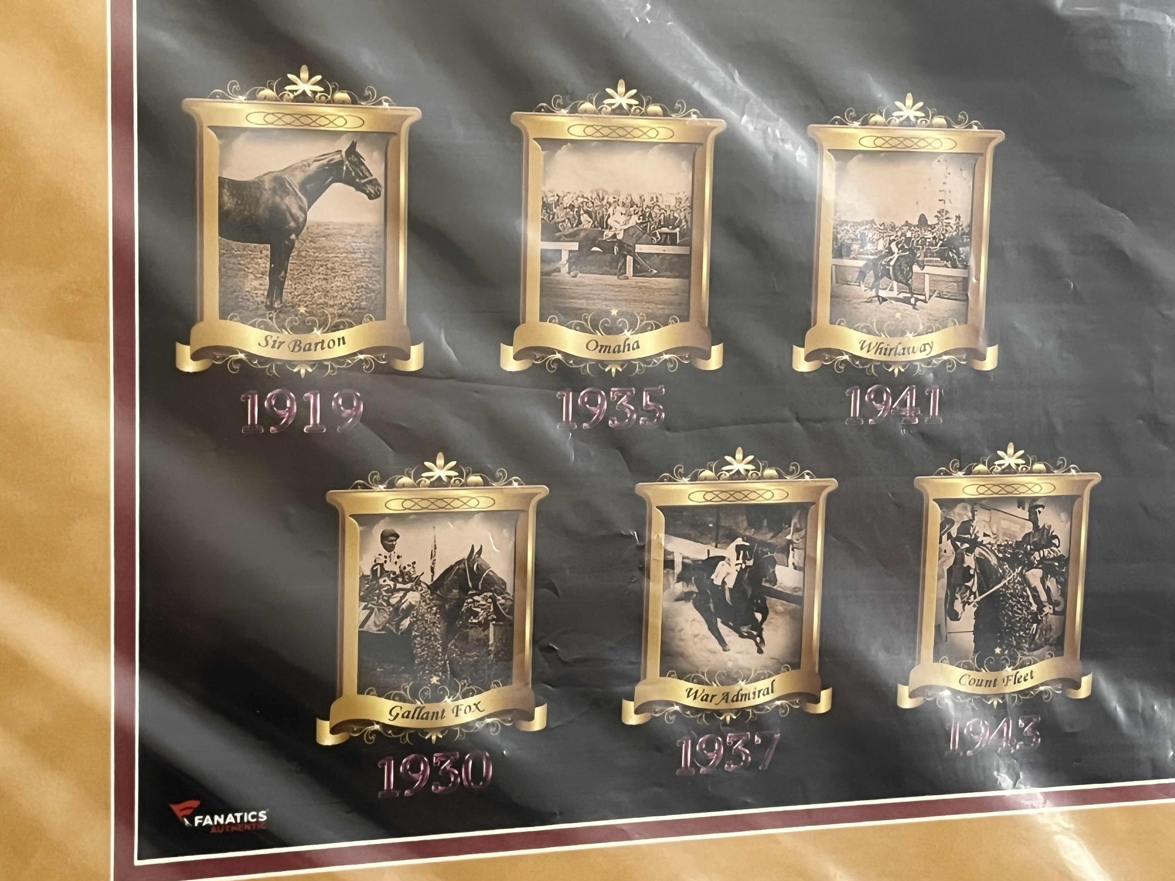 Photo 1 of NEW FANATICS AUTHENTIC TRIPLE CROWN LIMITED EDITION 141ST KENTUCKY DERBY, 140TH PREAKNESS PIMLICO BALTIMORE, 147TH BELMONT STAKES NYC USED RACE DIRT COLLECTION FRAMED MEMORABILIA ART 86/1000 W COA 37” X 17”